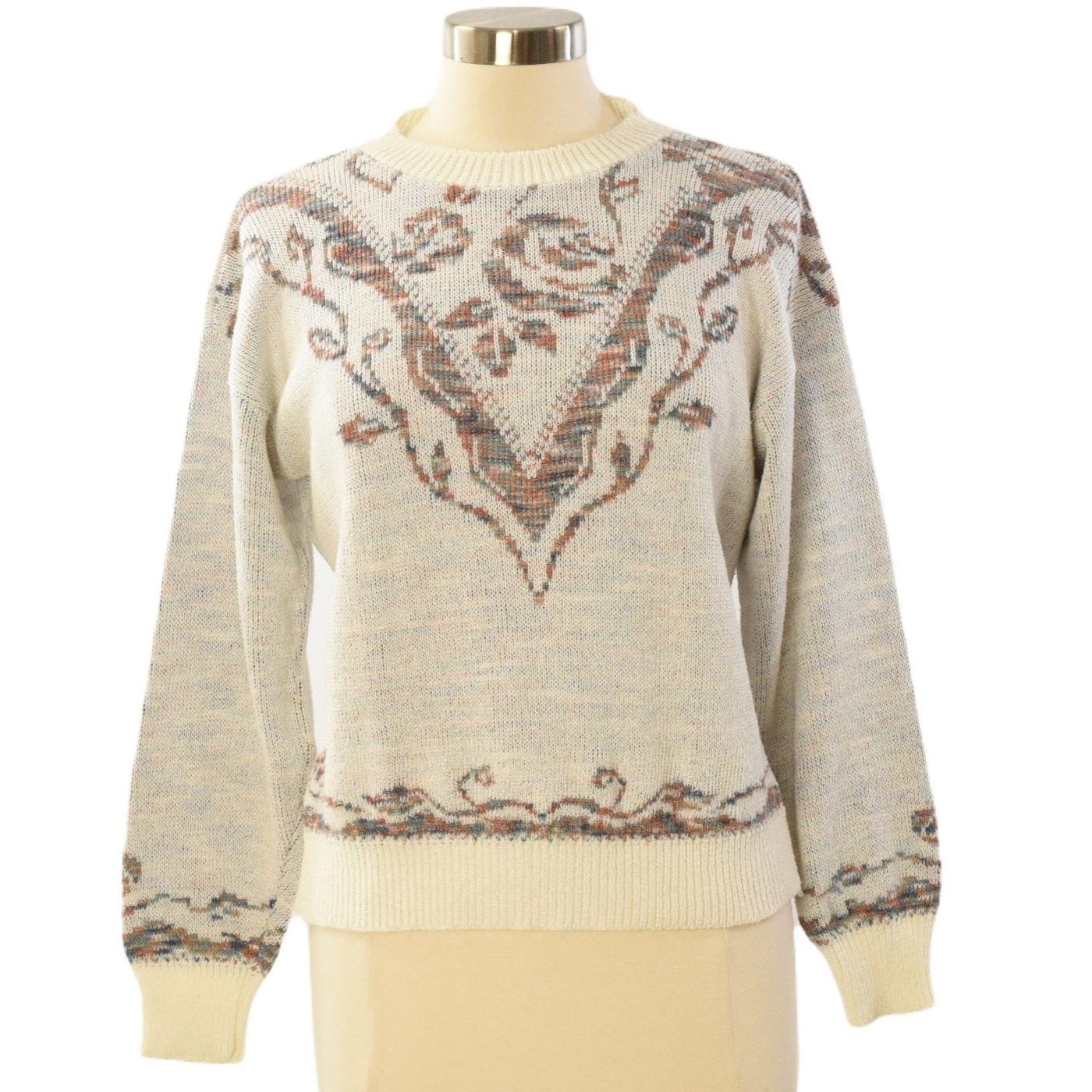 70s Floral Intarsia Sweater Womens L Cream Space Dye Abstract Crew Neck Acrylic