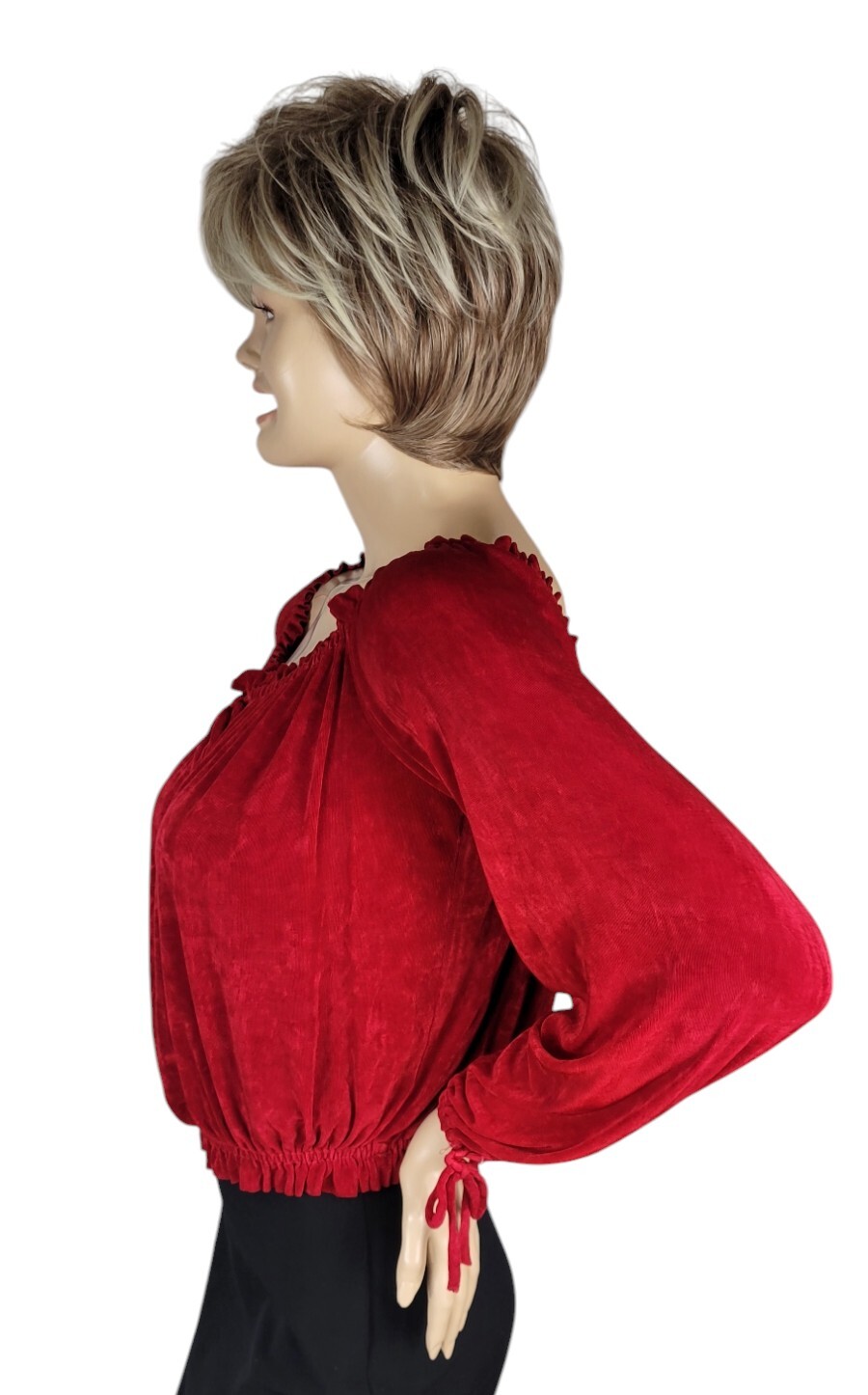Vintage Banjo Dallas Tx Red Slinky Stretch Ruffle & Tie Cropped Top Blouse XL