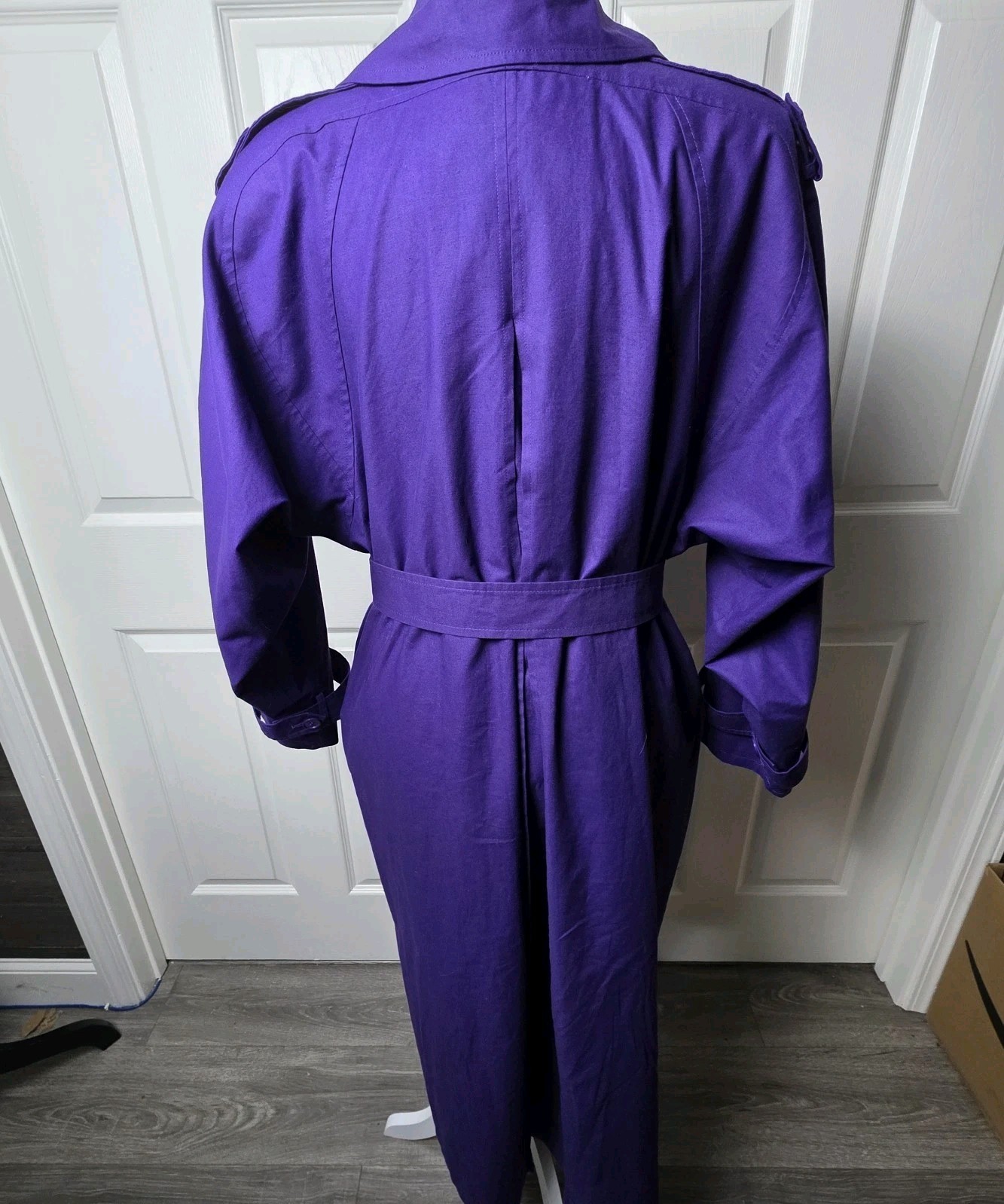 I. Magnin Vintage Women’s 12 Purple Trench Coat 80s 90s Belted Swing Long Lined