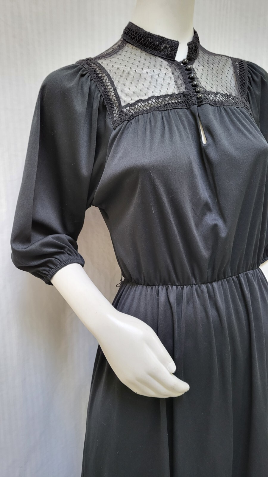Vintage AMY DEB Black Knit Dress with Mesh Lace Yoke – Size M