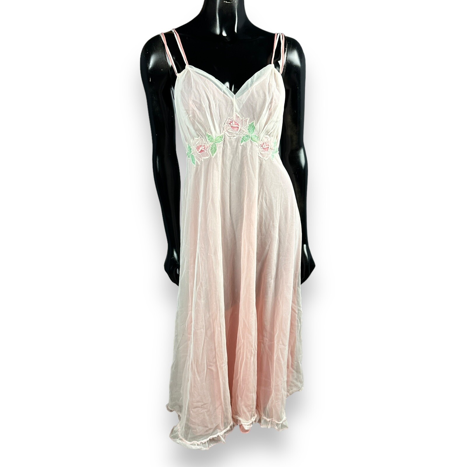 Vtg Double Layer Sheer Chiffon Over Sheath Long Nightgown Floral Strappy 32” B
