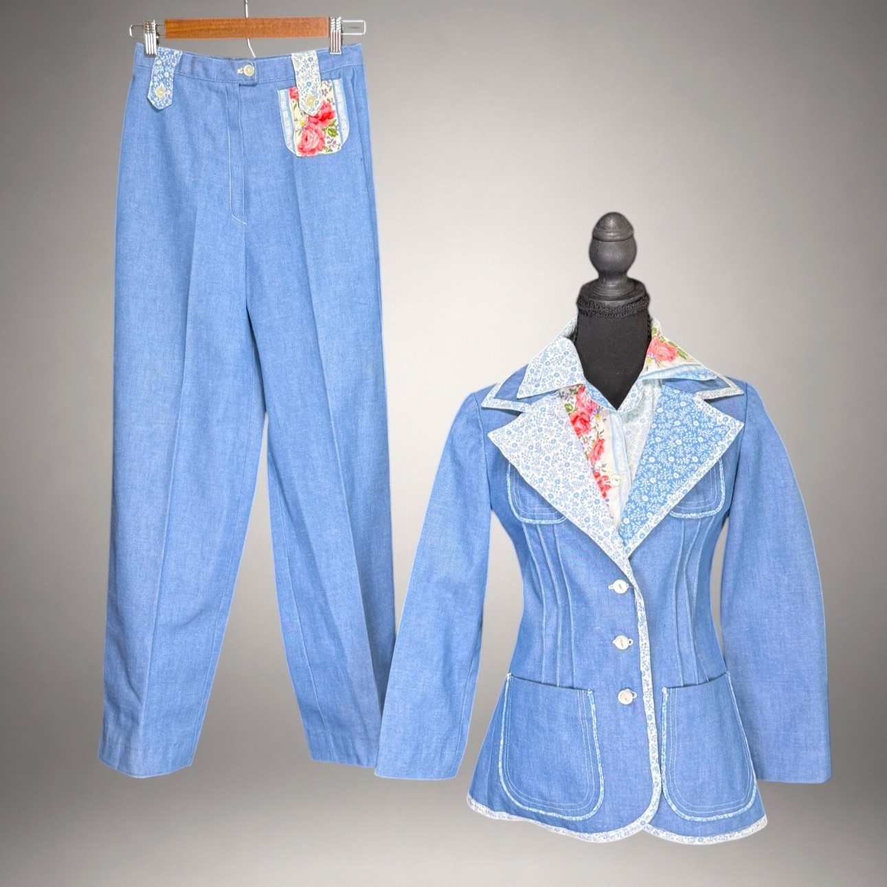 Vintage 1970s Handmade 3 Pc Denim Pant Suit Floral Boho Prairie Women’s Set