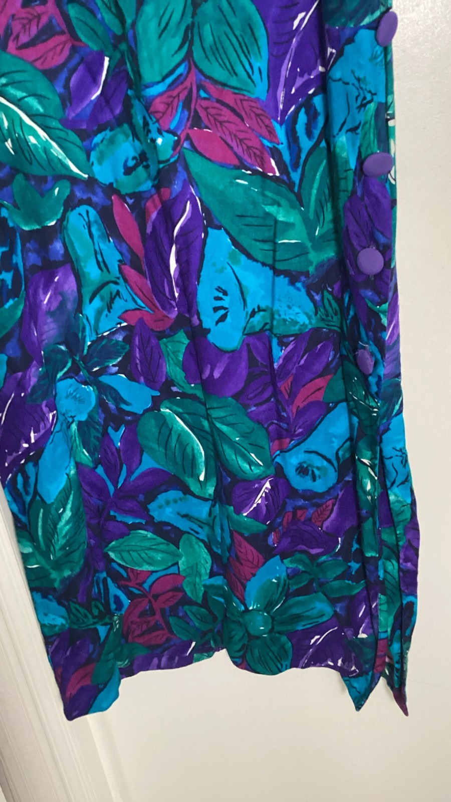 Vintage 80s 90s BGB Maxi Dress Vibrant Blue Green Purple Tropical Shoulder Pads