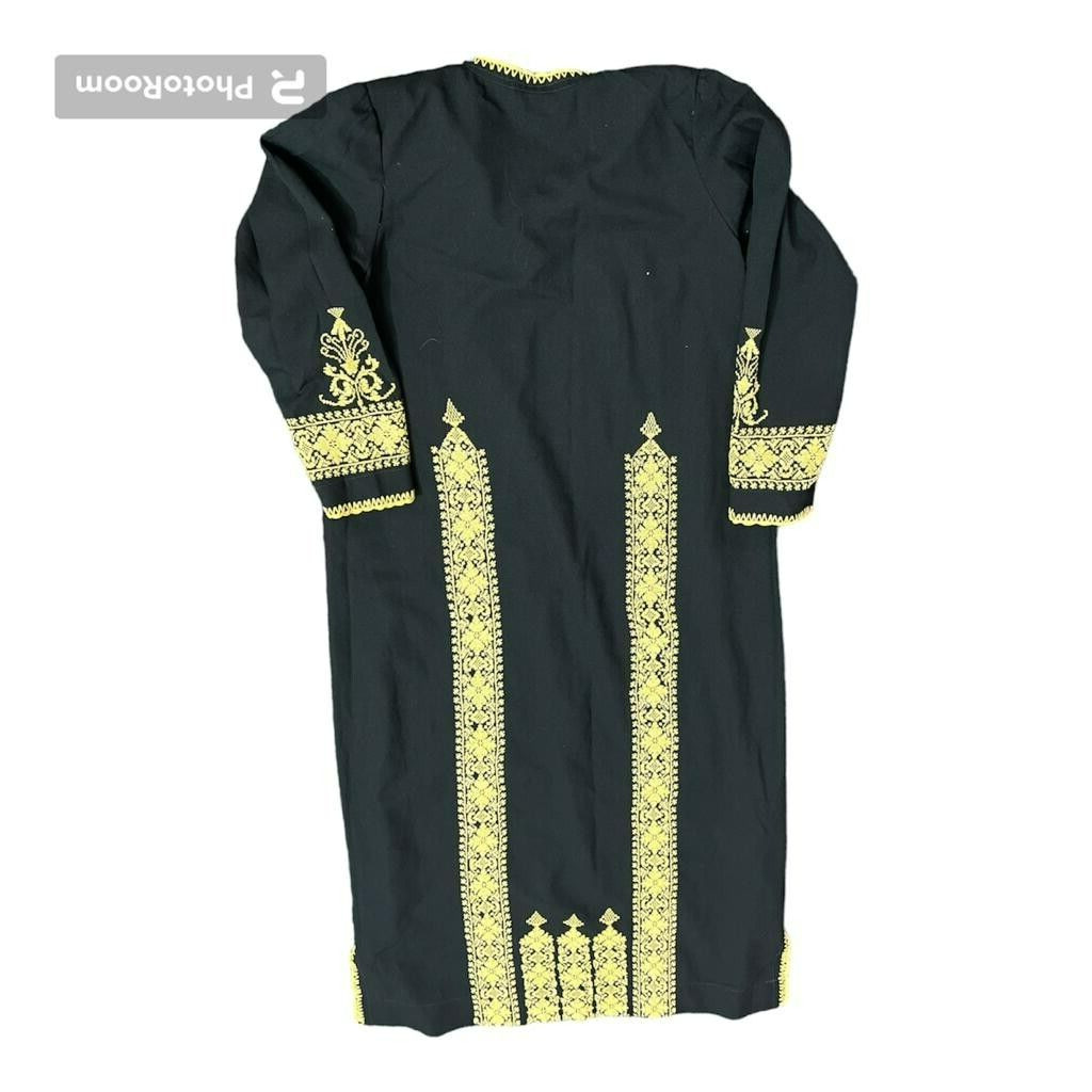 Vintage Women Traditional Embroidery Thob Palestine Hand Made Dress Black Silk