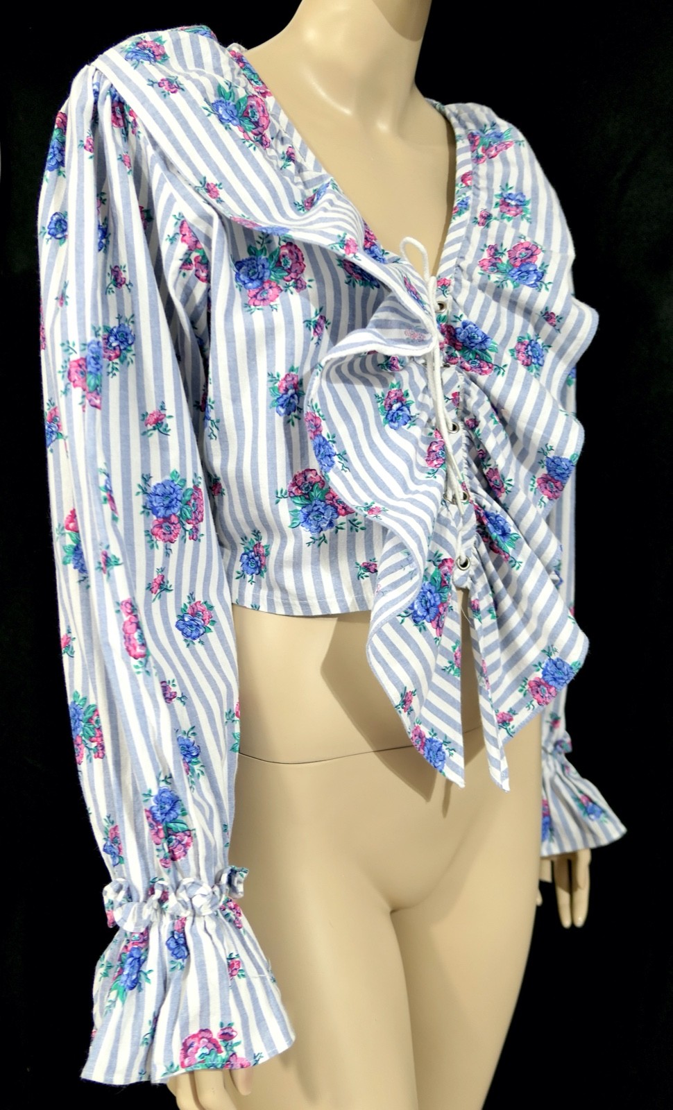 Vintage 70s 80s Art by Design Zone Mod Hippie Cropped Corset Ruffle Blouse L