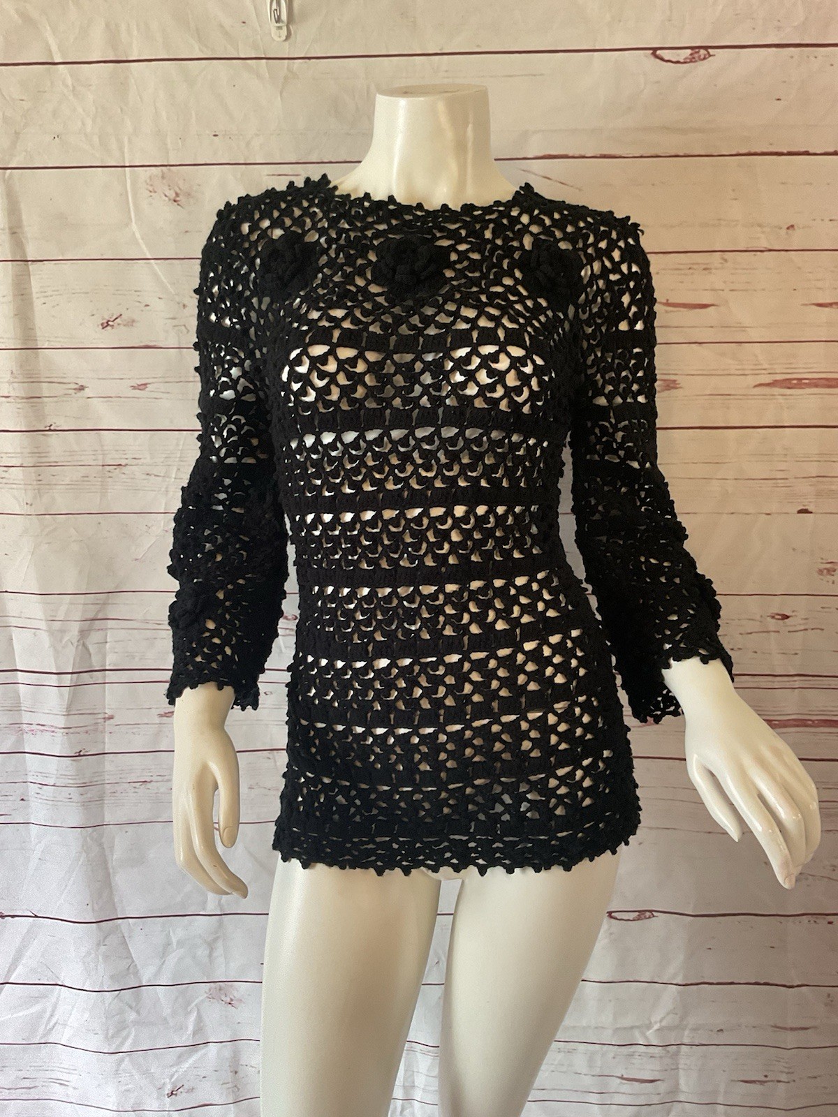 1970s True Vintage Leroy Califorina Black Hippie Crochet Top Bell Sleeve S