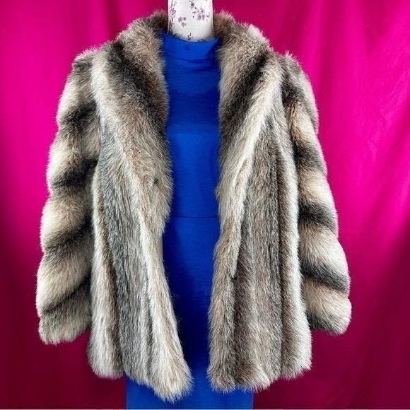 Vintage Faux Fur Striped Coat Brown Short Large Mob Wife Glam Luxury Chic