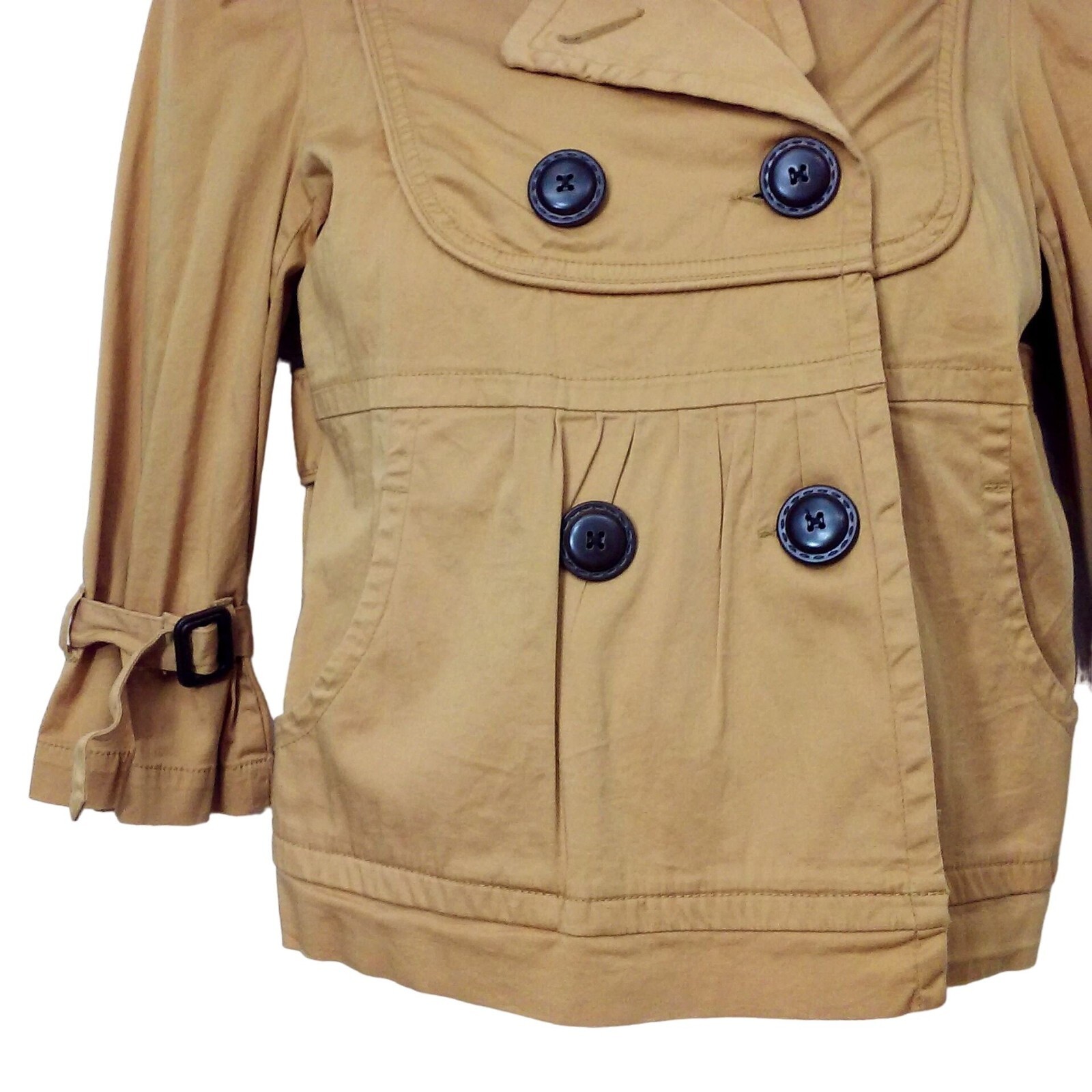 Vintage 90s American Rag Pea Coat Crop Jacket -S Pockets Buttons Safari Mustard