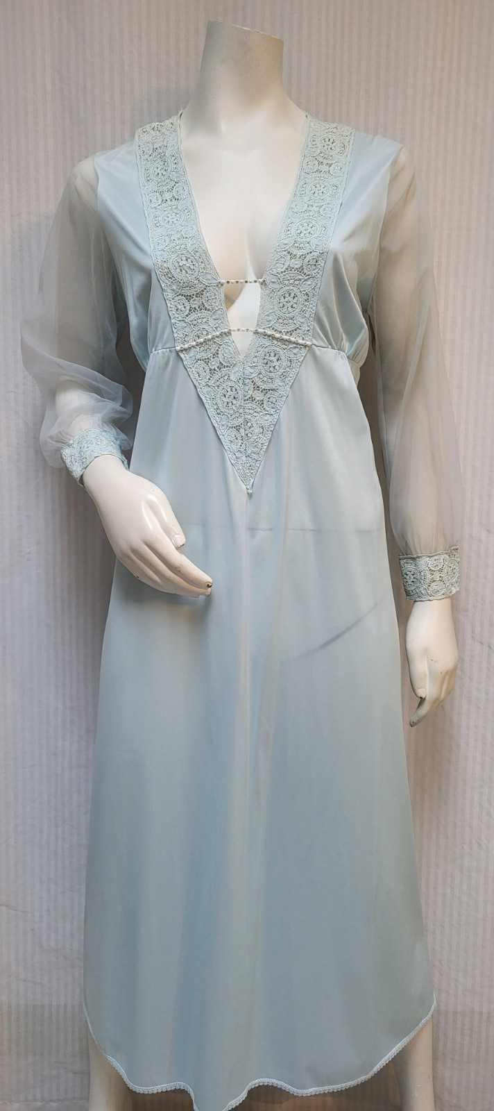 Vintage Blue Nylon Deep V Lace Trim Chiffon Sleeves Nightgown – Size 36