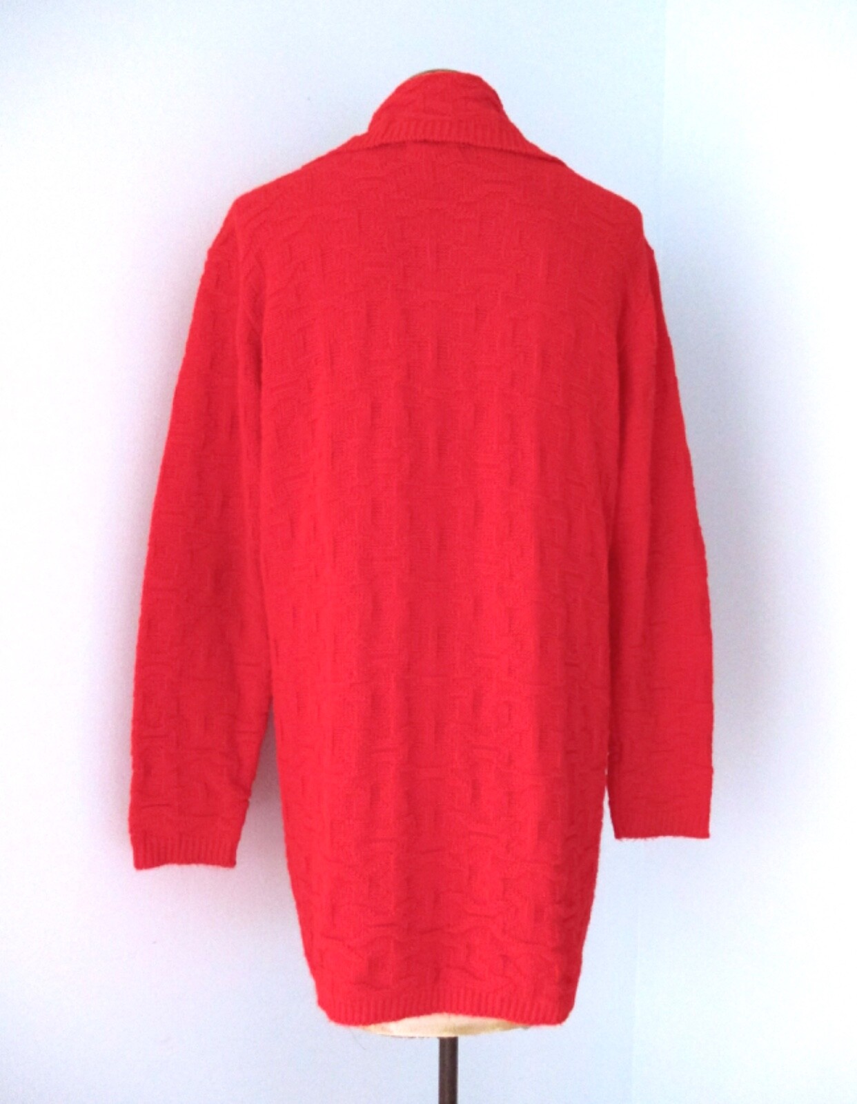 Vtg 60s 70s Red Geometric Textured Long Open Cardigan Duster Sweater Pockets S