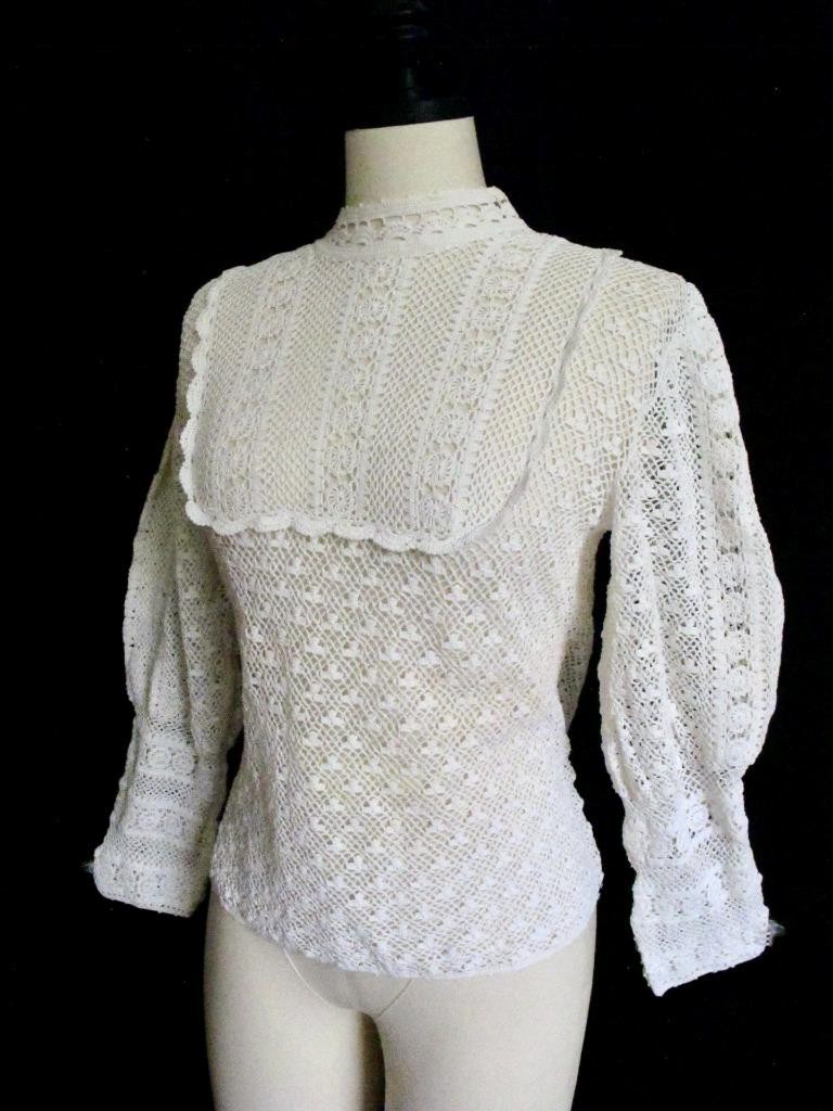 Vintage White Hand Crochet Lace Top Victorian Style Bishop Sleeve High Neck S M