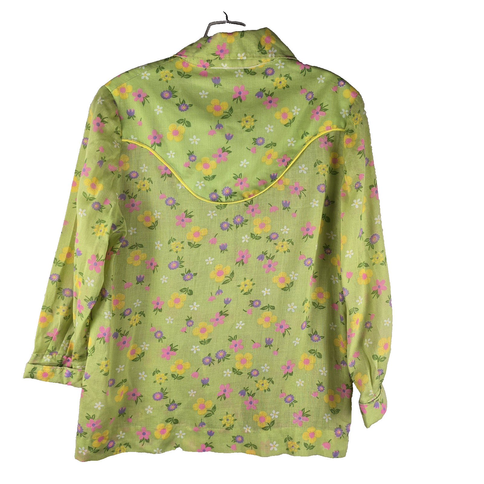 Vtg 1970s Flower Power Button Up Shirt Western Yoke Piping Green Pink Yellow