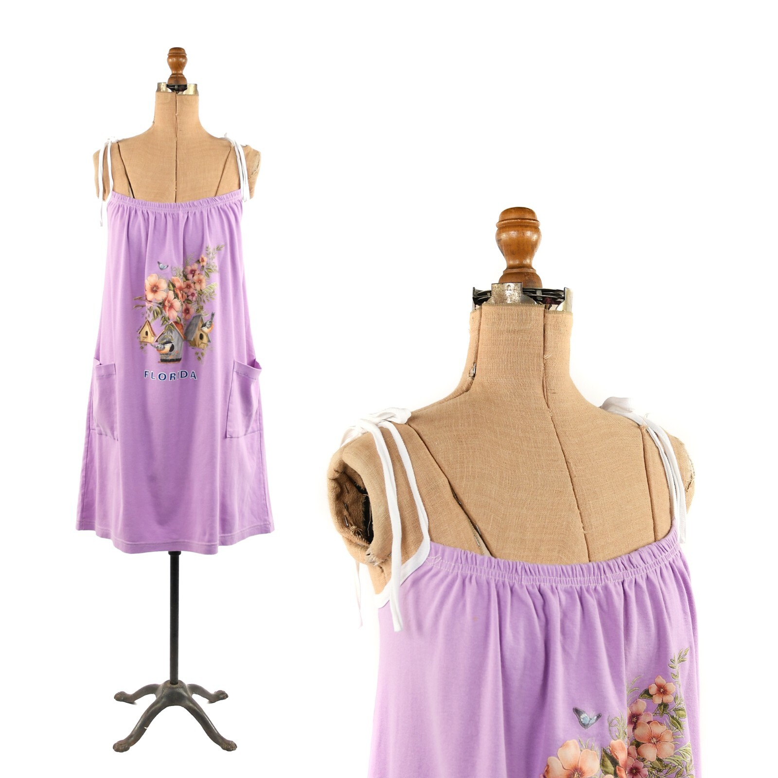 Vintage 80s Pale Purple Lilac Bird + Birdhouse Screen Print Shift Tie Sundress M