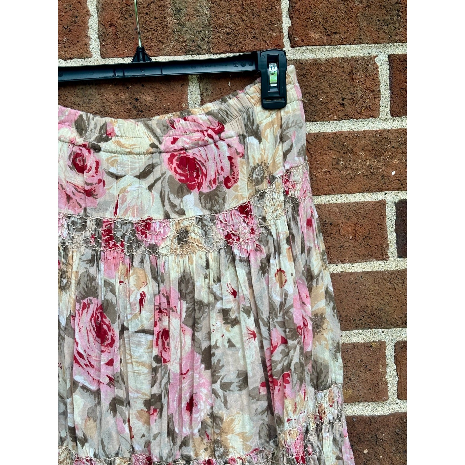 Vintage 1980s Passports Pier 1 Floral Skirt Pink Brown Rayon Cotton Boho Tiers