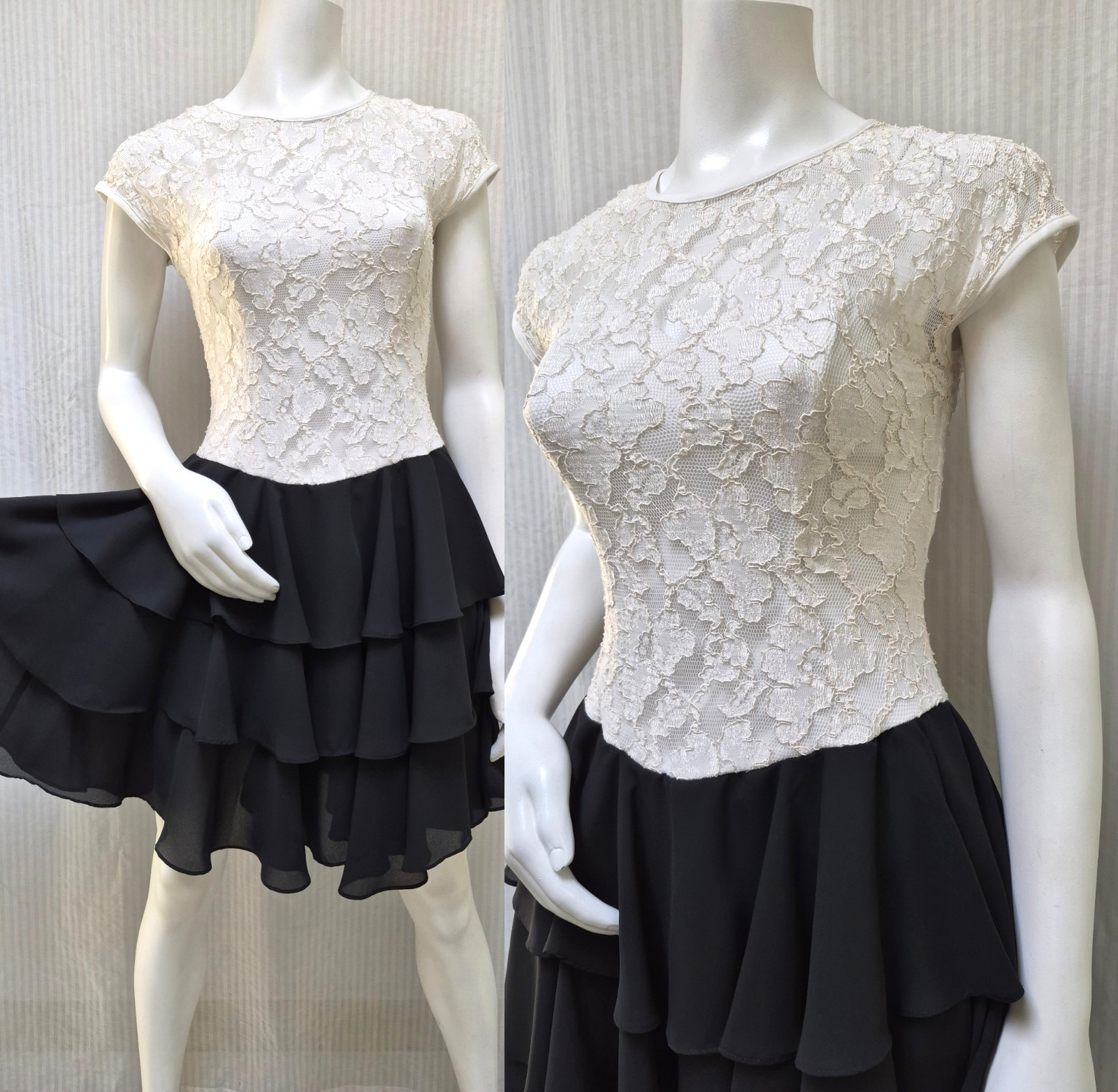 Vintage 80’s LATE EDITION Black w/ White Floral Lace Sheer Ruffle Dress – Size S