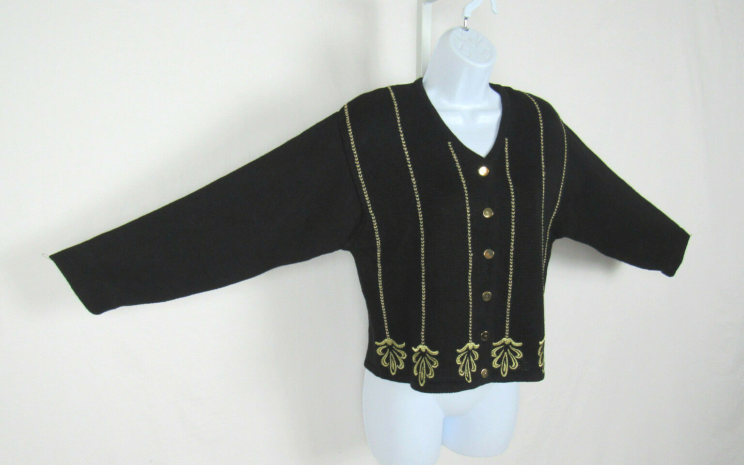 VTG 1980s LISE J. BLACK COTTON RAMIE MEDIUM GOLDEN EMBROIDERY GOLDEN BUTTONS