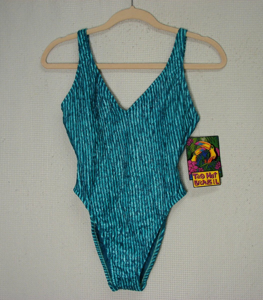 Vtg New 90s TOO HOT BRAZIL Hi Cut Swimsuit Textured Stripe Jade Blue Green USA M