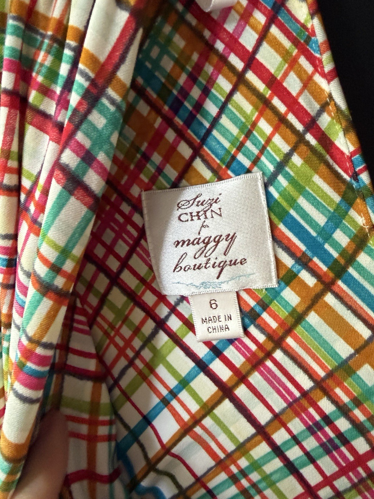 Vintage 80’s Suzi Chin Maggie Boutique Midi Dress 6 Picnic Rainbow Plaid Pleated
