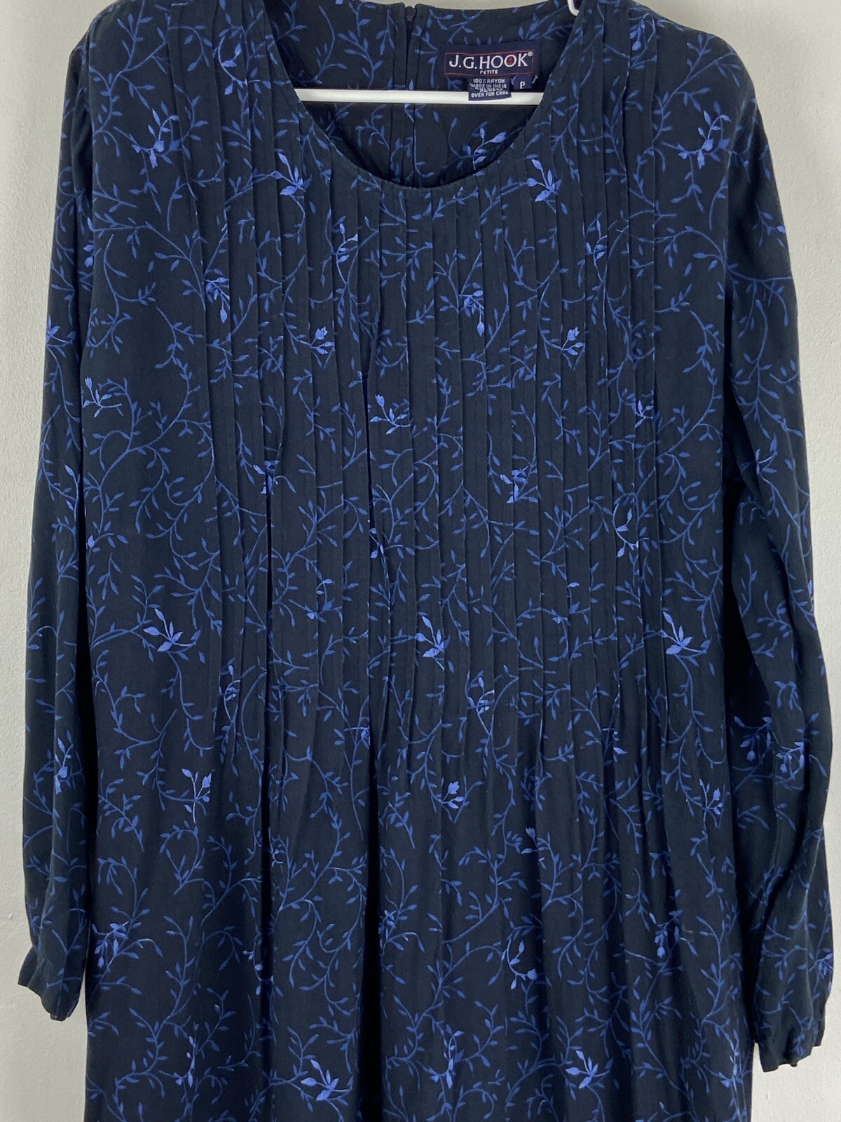 Vintage 80’s JG Hook Long Sleeve Pleated Navy Blue Floral Paisley Dress Size XLP
