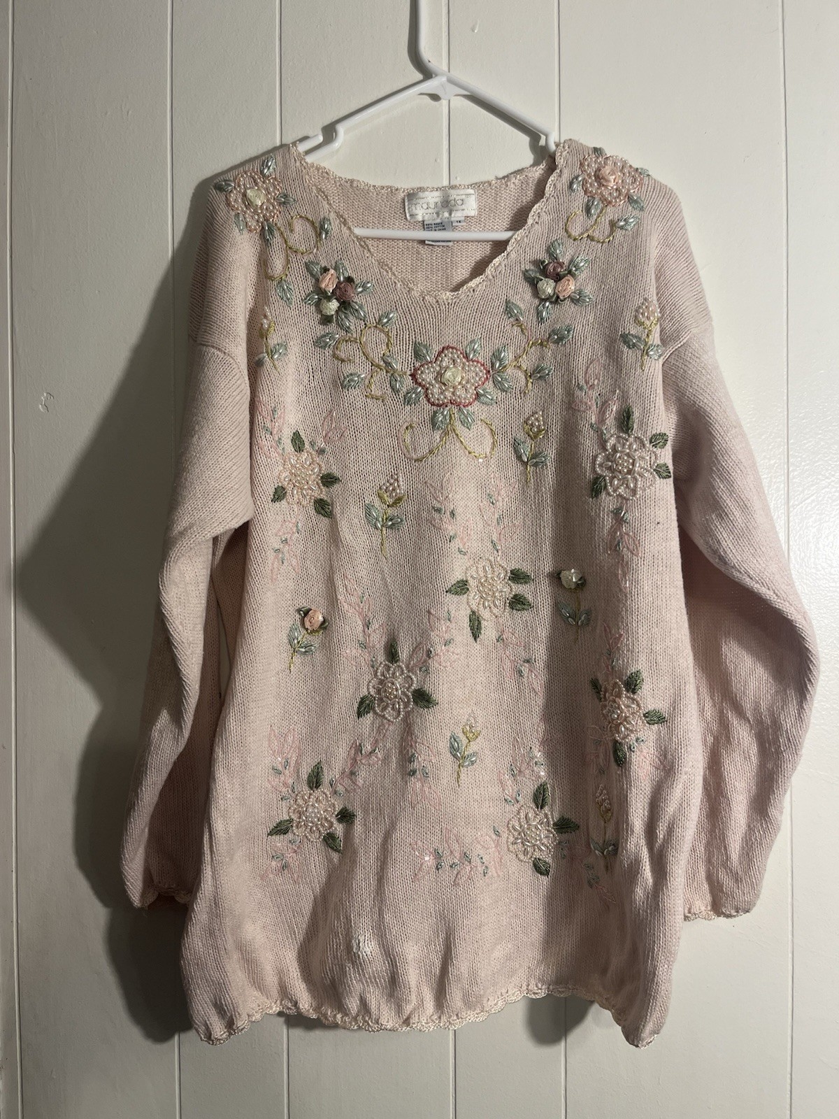 Vintage 1980s Pink Maurada Sweater Ramie/Cotton Beaded Embellished Grandmacore