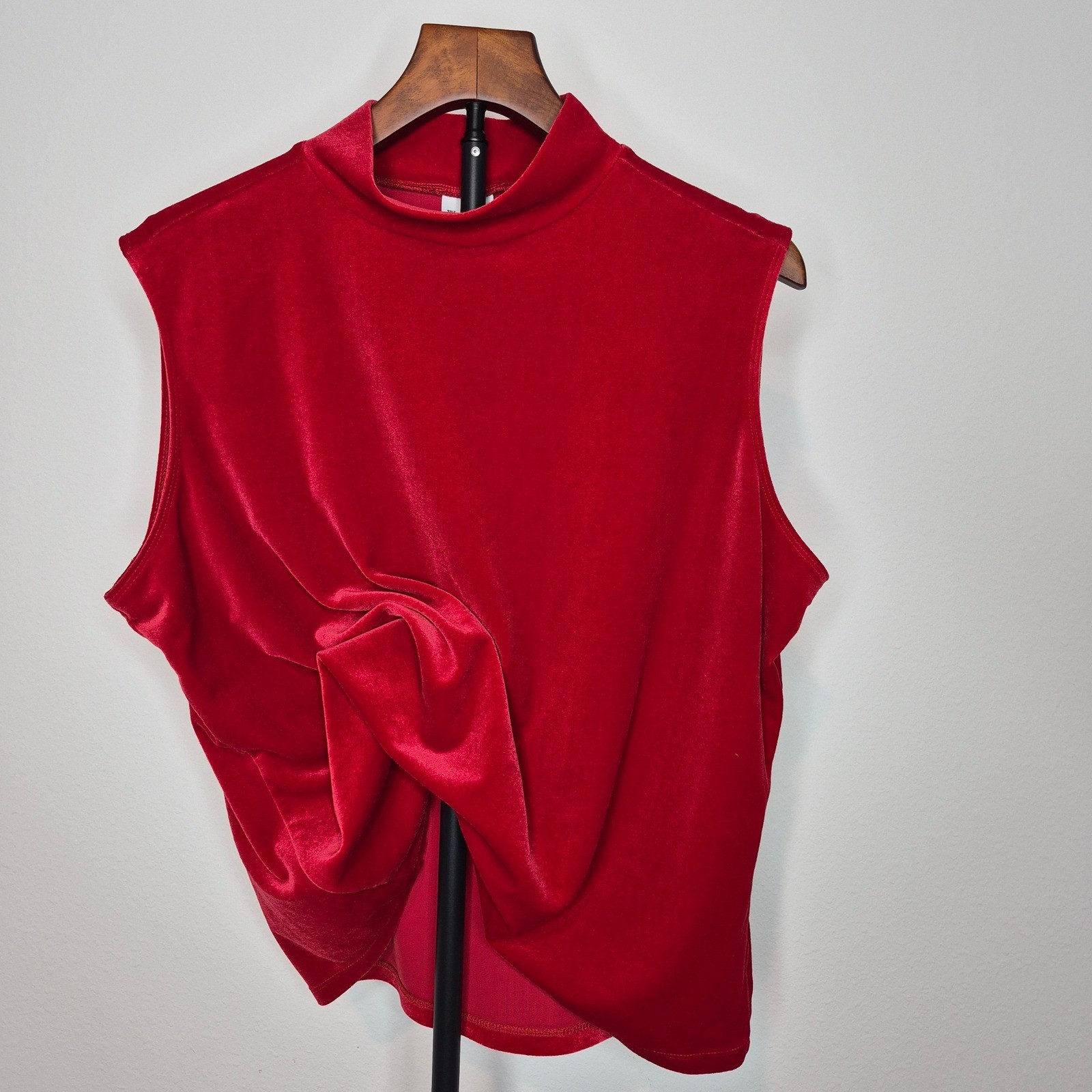 Vintage 90s Red Velvet Sleeveless Mock Neck Top XL Party Maximalism Dopamine