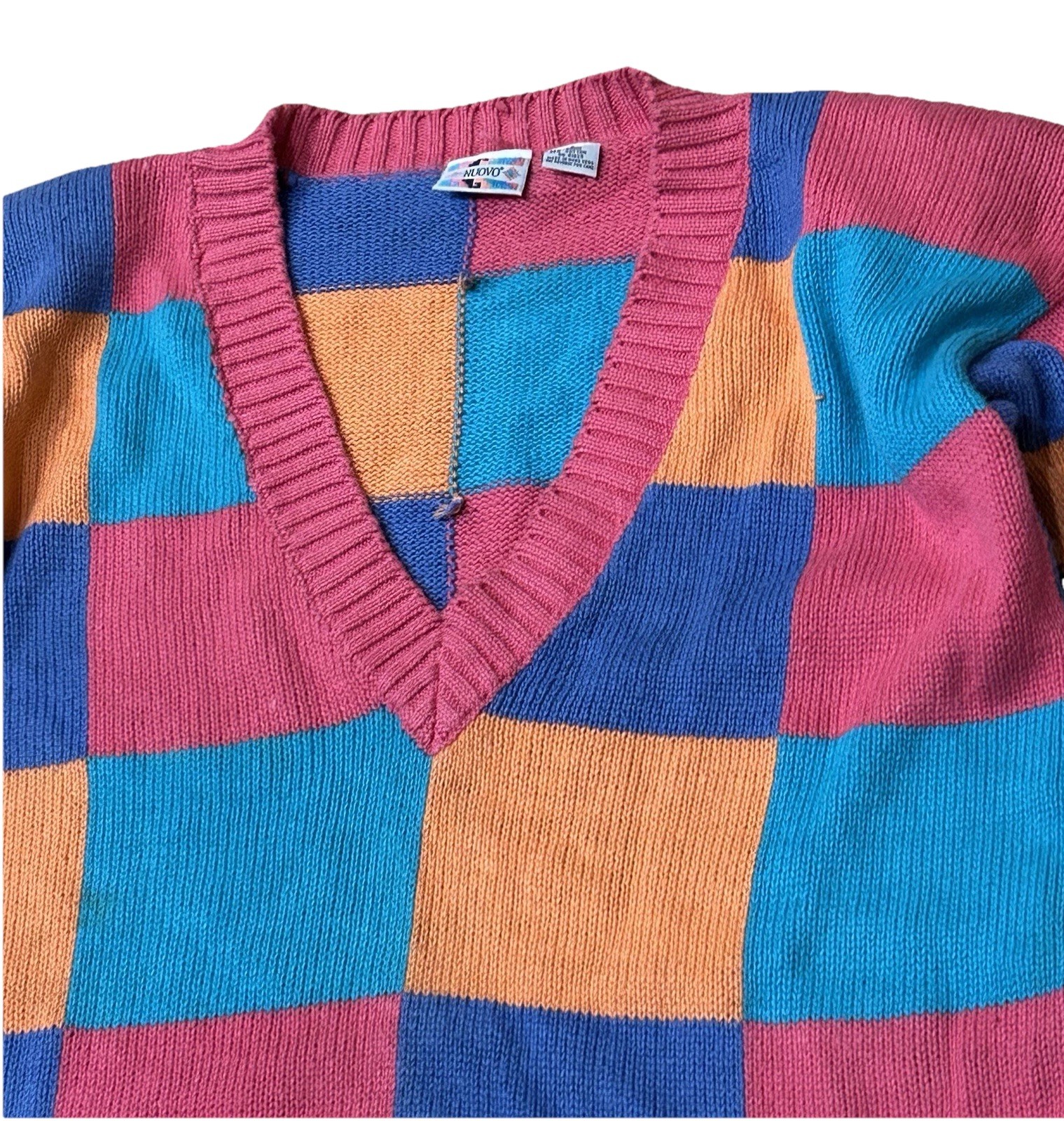 Vintage Pink Colorblock Sweater Ramie Cotton Bright Checkerboard 80s 90s