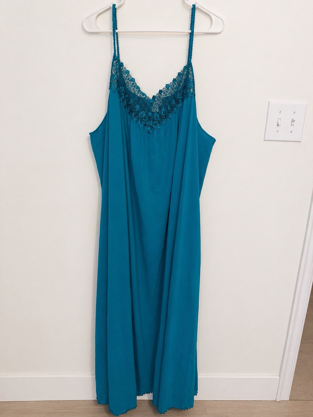 Vintage Shadow line Teal Lace Trim Night Gown Spaghetti Strap Size 3X Loungewear