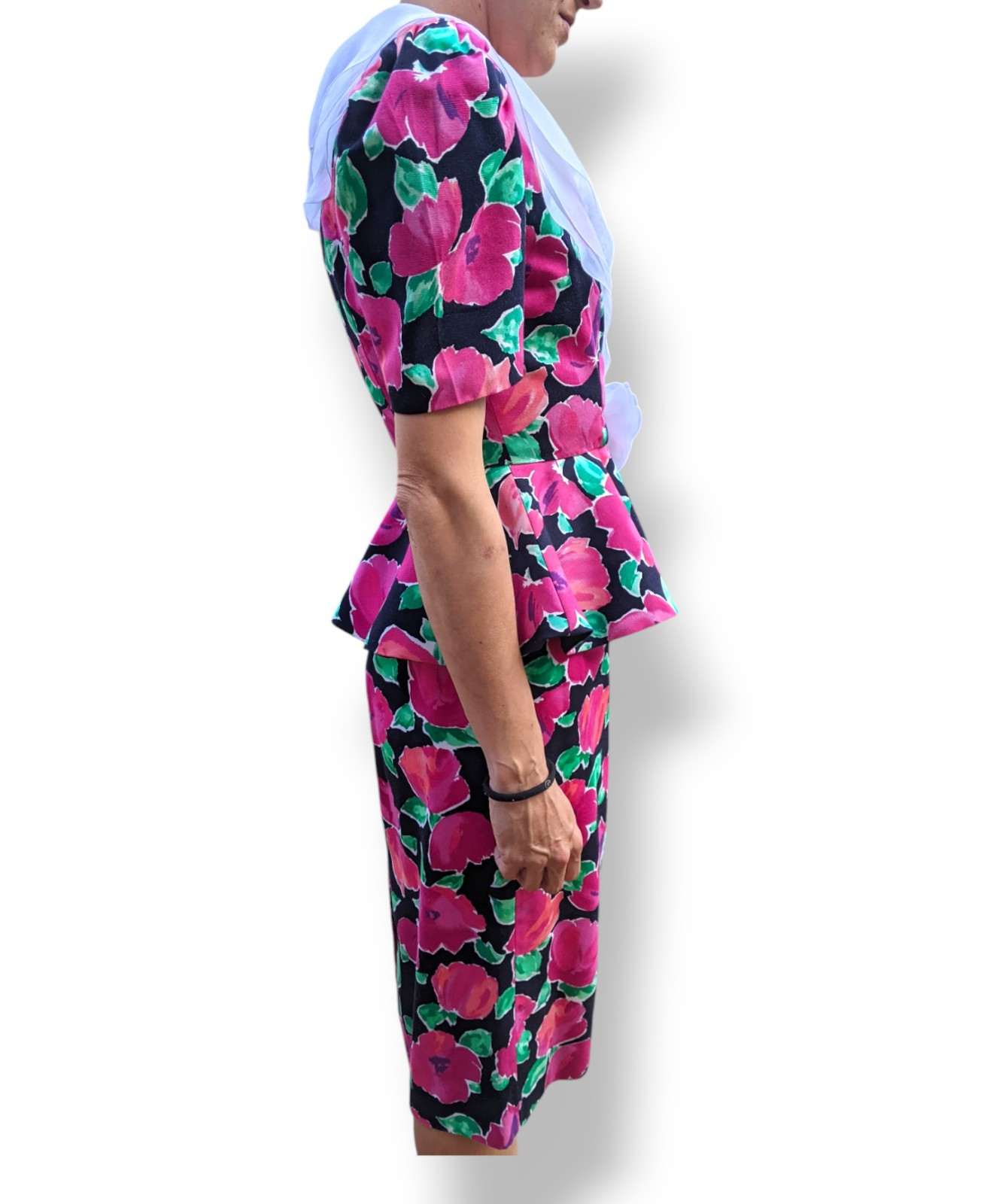 Vtg Leslie Fay 80s Peplum Jacket Top Chiffon Collar Rose Floral Easter Suit Sz 4