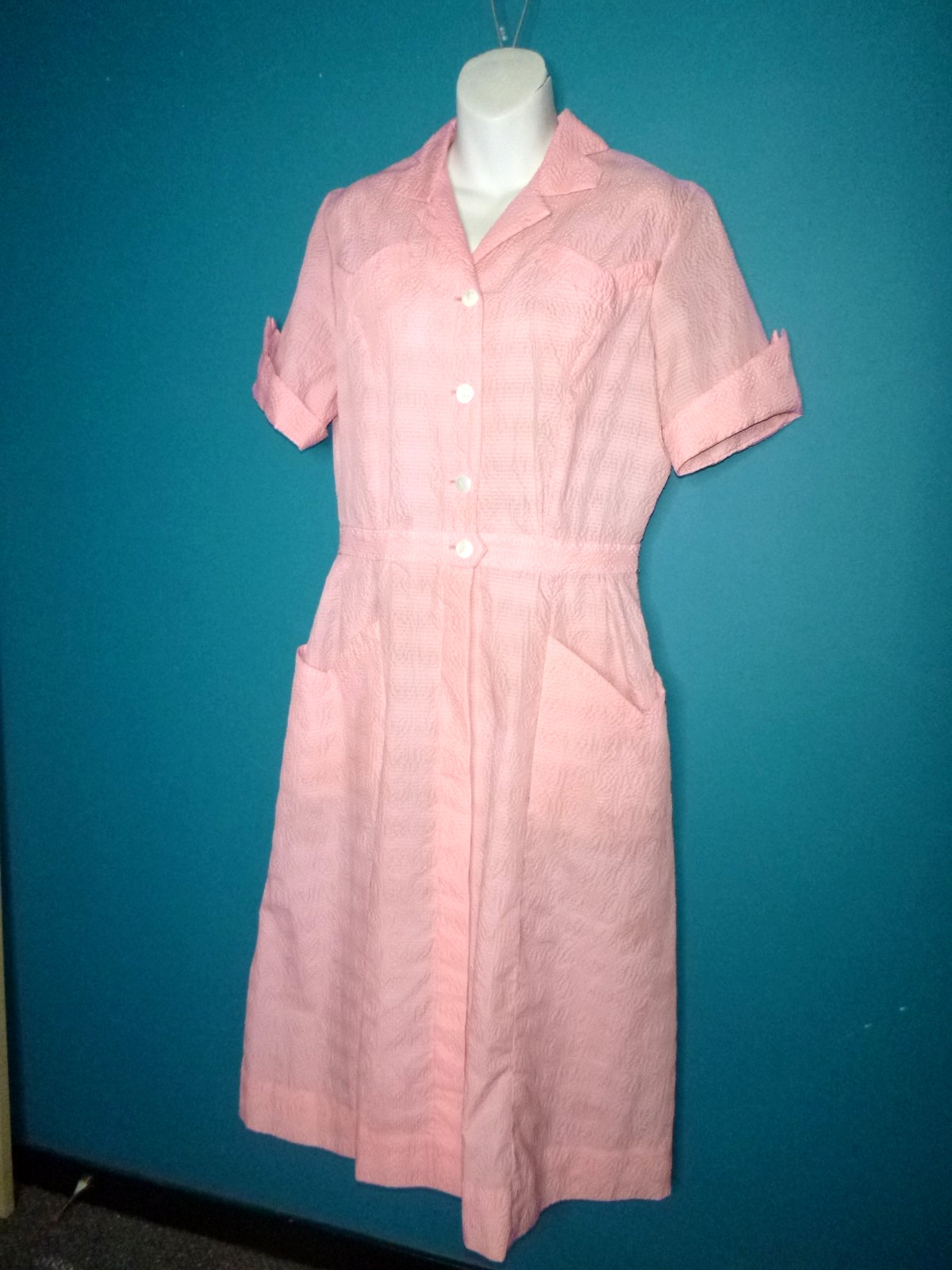 Vtg 40s 50s Robbin Dale Pink Textured Waitress Uniform Dress VOLUP Sz XL/XXL