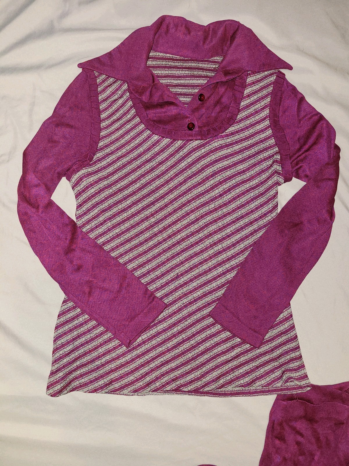 VTG 70s Burgundy Blue Space Dye Lounge Set Marled Knit Dagger Collar S M Boho