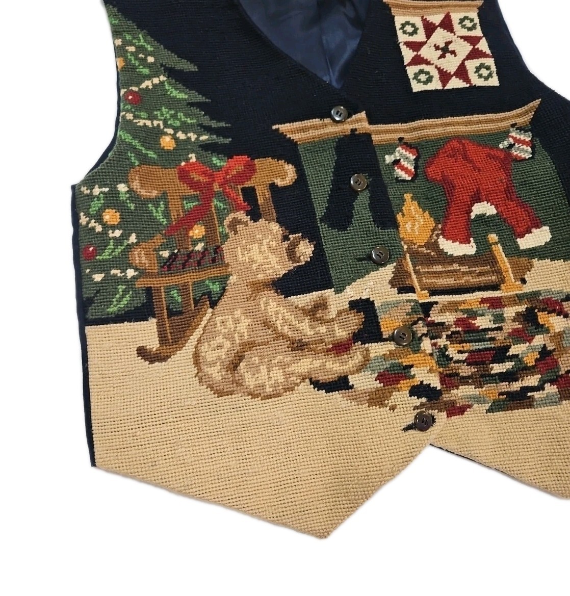VTG 90s Eagles Eye Wool Needlepoint Blue Christmas Vest Holiday Festive Sz M