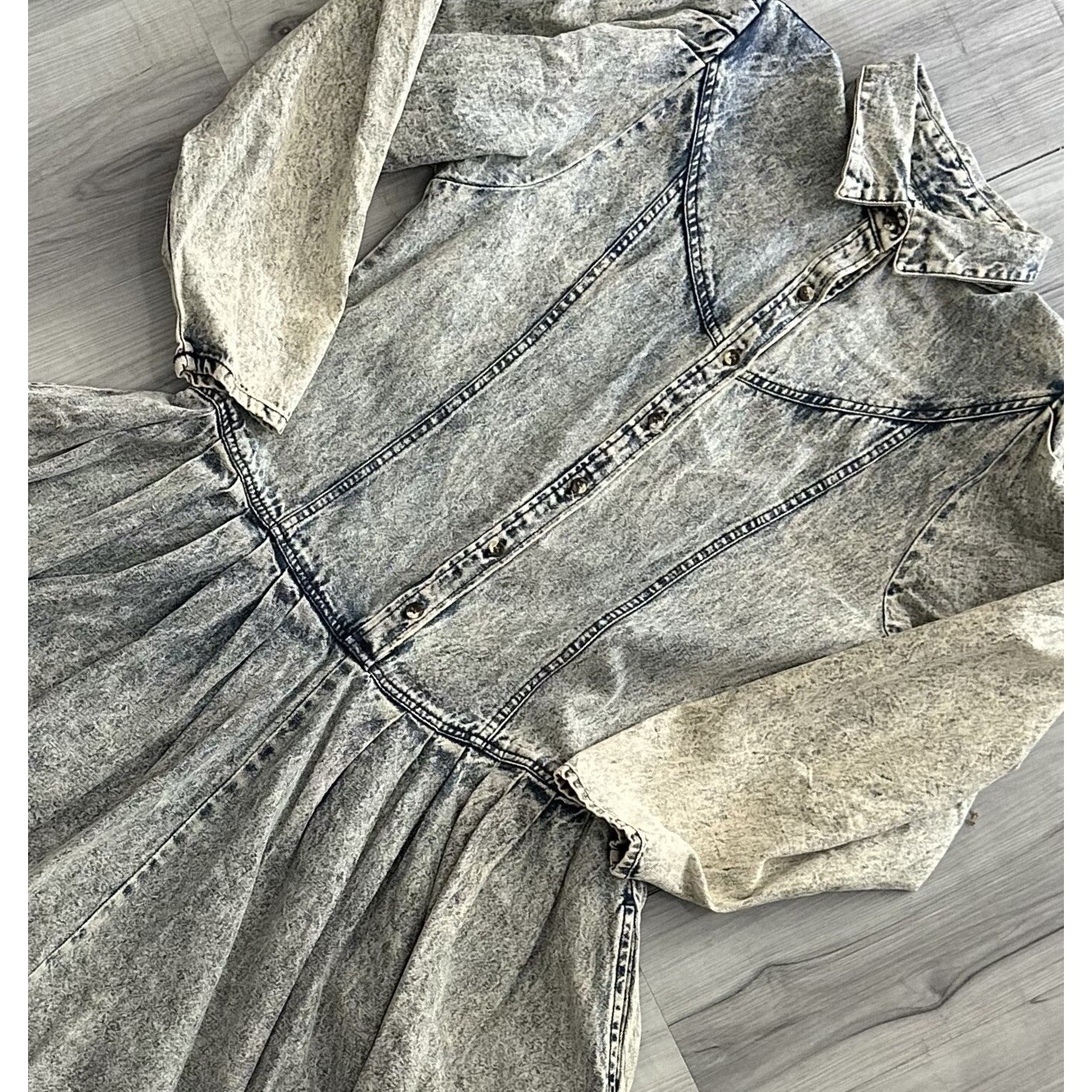 Vintage Desperado Acid Wash Denim Dress 80s Western Puff Sleeve Midi Blue Sz 11
