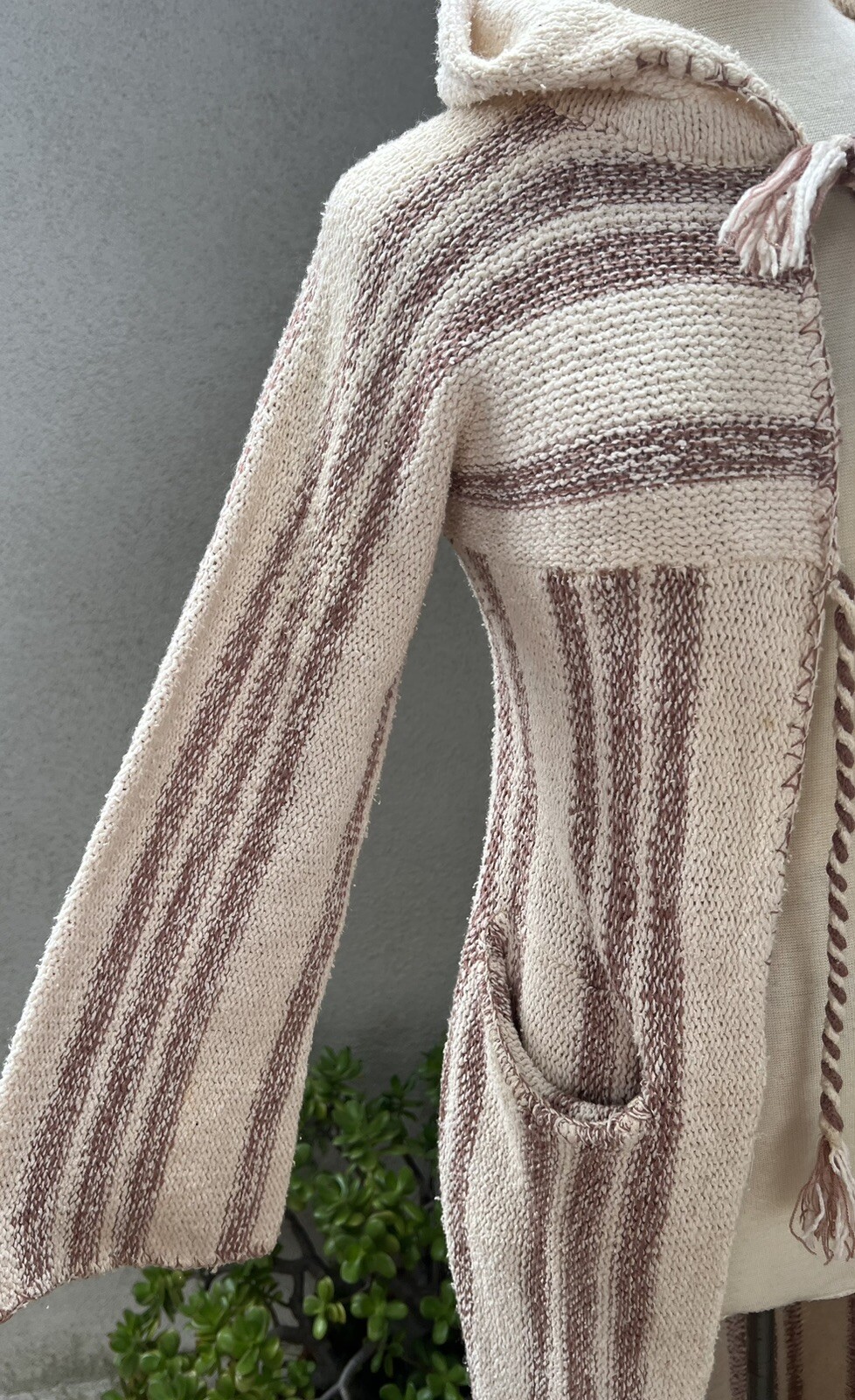 Vtg Boho Cardigan Long Duster Sweater S/XS Stripes Hood Pockets International