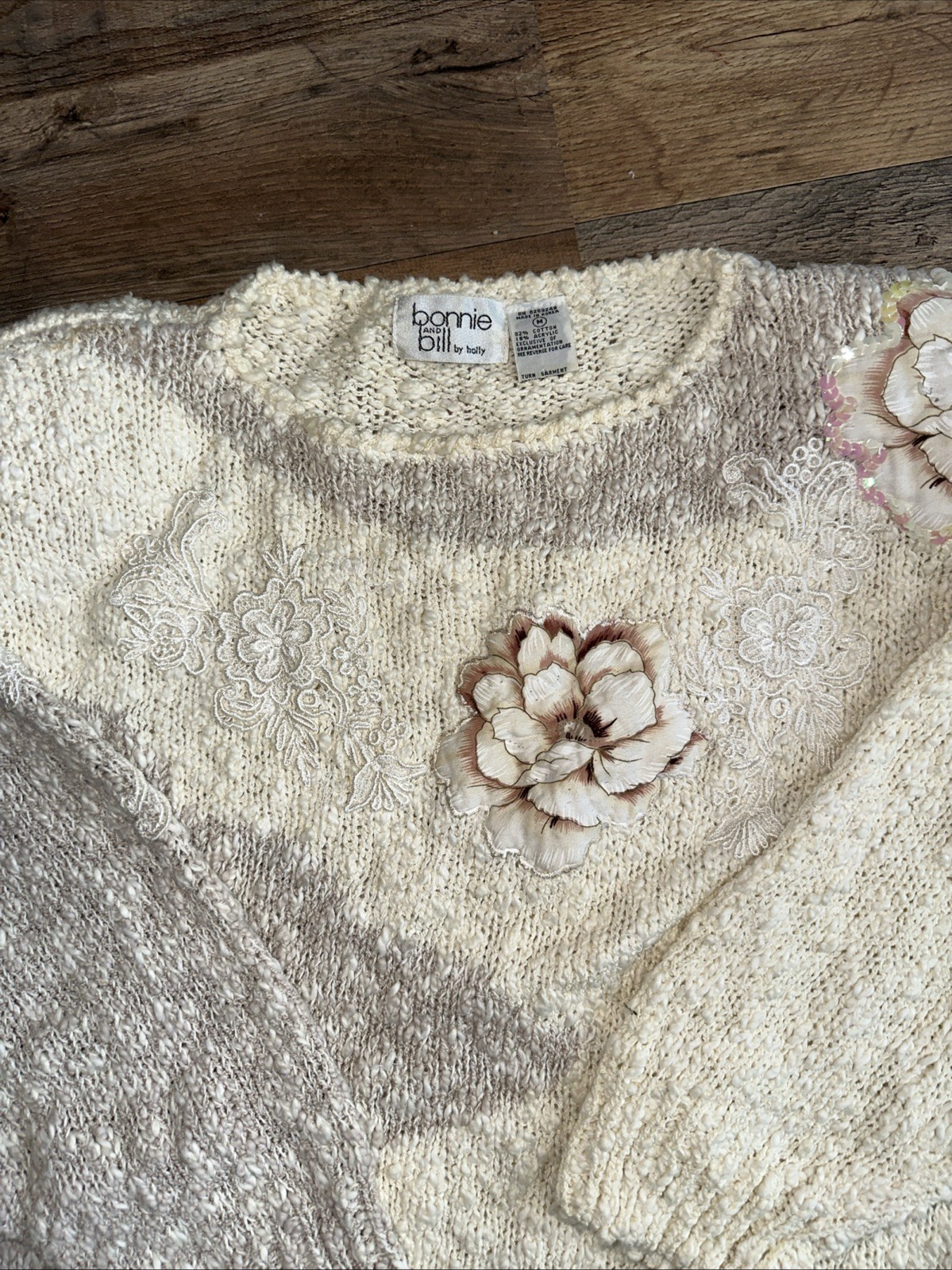 TWO Vintage 80s Bonnie & Bill Applique Sweaters M Chunky Knit Artsy Flower Boho