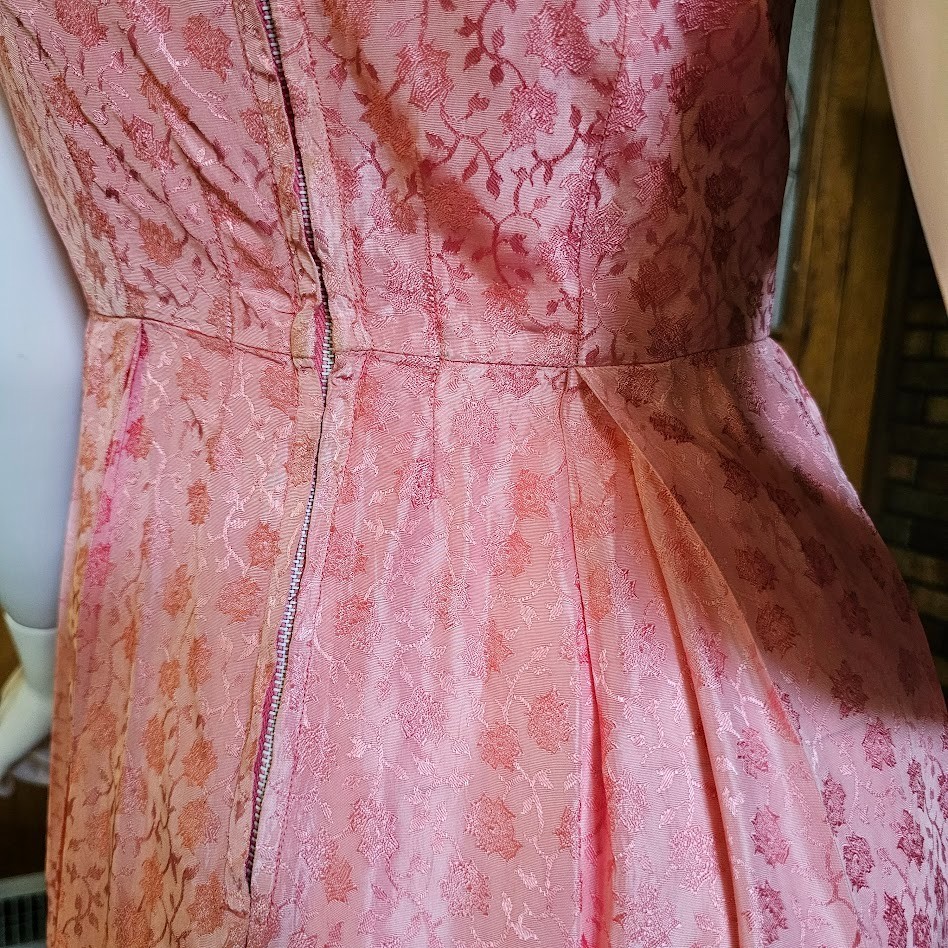 Vtg 60s Pink Brocade Empire Sleeveless Bridesmaid Formal Party Maxi Dress XS/S