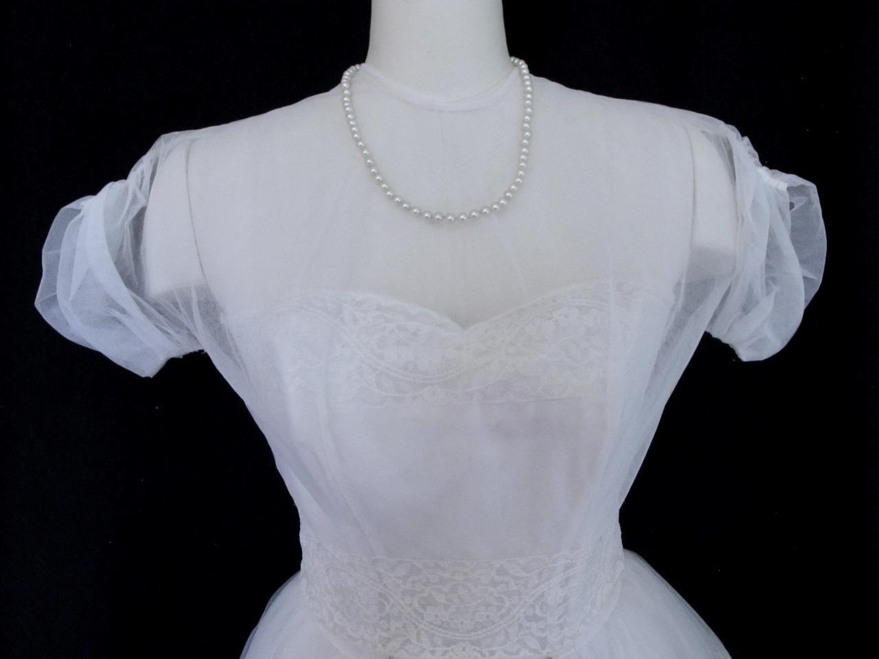 Vintage 50s Emma Domb White Tulle & Lace 2pc Wedding or Prom Dress Tiered Ruffle