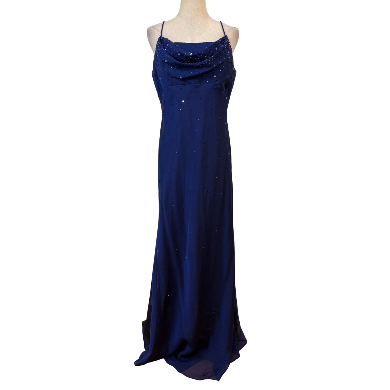 Vtg 90s Gown 14 Blue Beaded Cowl Neck Dress Celestial Whimsigoth Fairy Prom