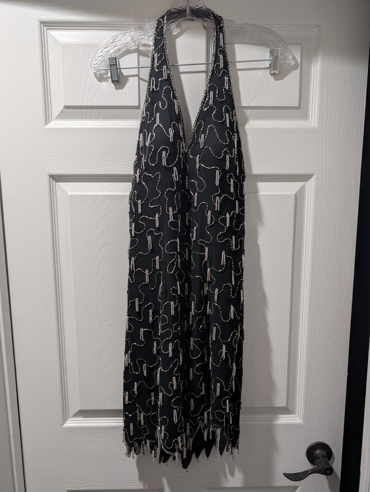 Vintage Black And Silver Halter Beaded Midi Formal Dress Prom Size 8 Petite