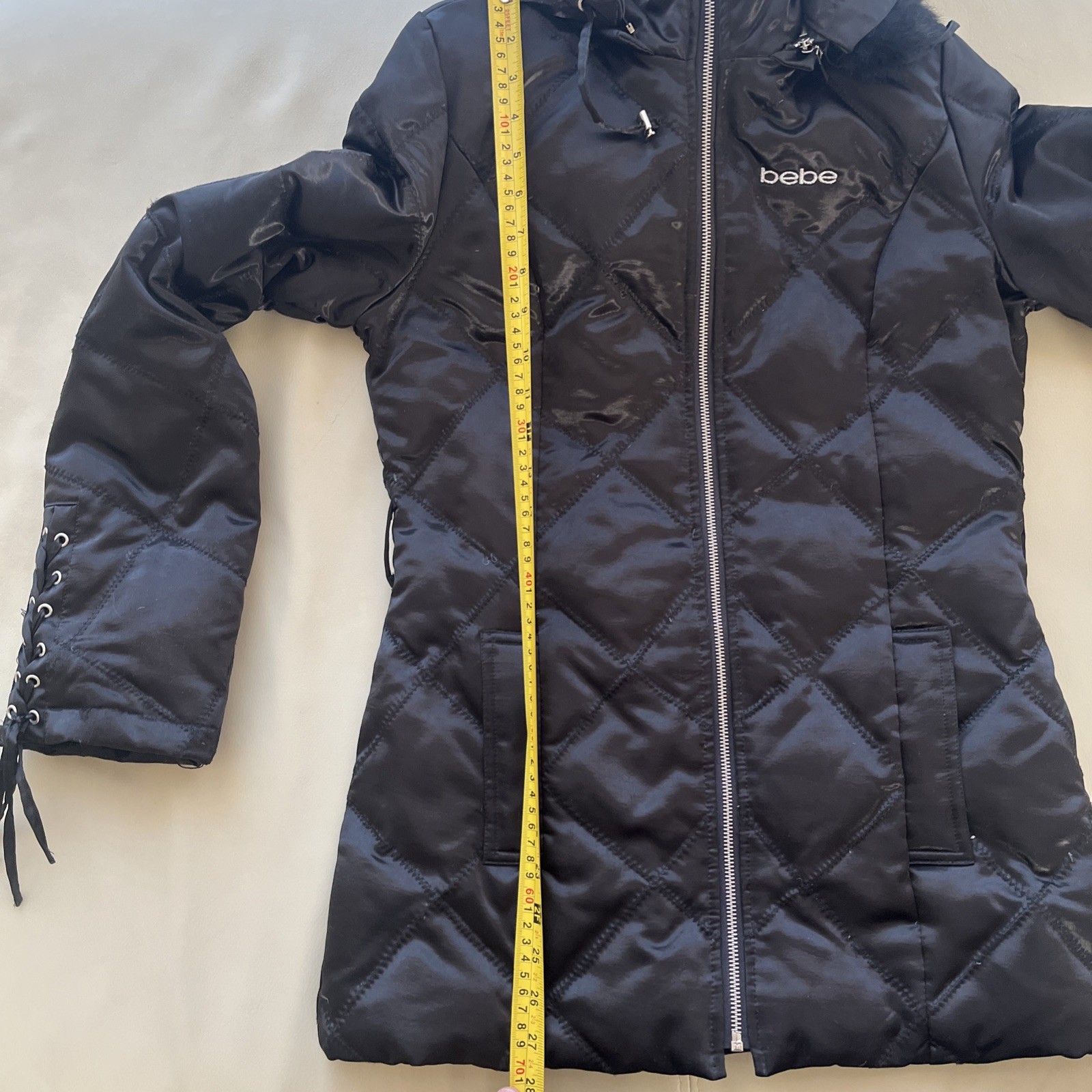 Y2k 2000s 00s Bebe Black Puffer Fur Hood Down Filled Satin Jacket Small/Medium