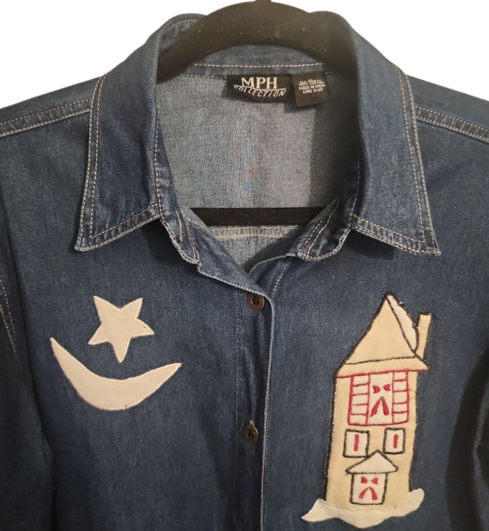 VTG Denim Women Sz Med Embroidery Boho Button up Long Sleeve Shirt Cottagecore