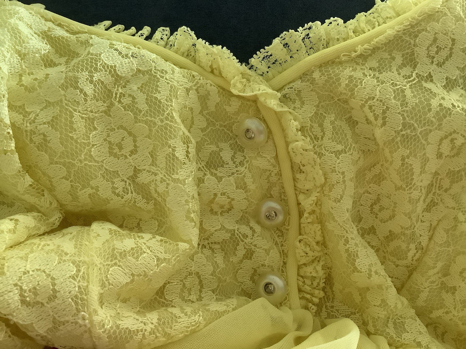 Vintage 1960’s Lemon Yellow Nylon Nightgown Empire Waist Lace Bodice Trim Sheer