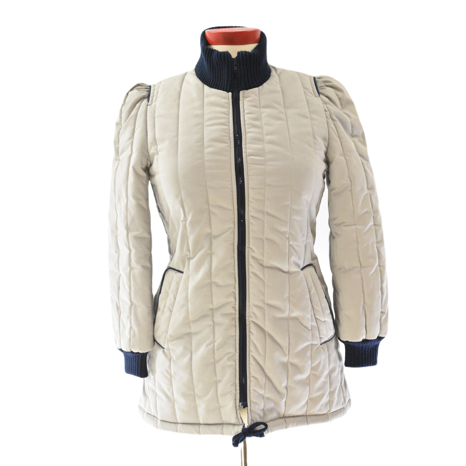 Pale Gray Quilted Puffer Coat Puff Sleeve Blue Rib Knit Stand Up Collar Womens12