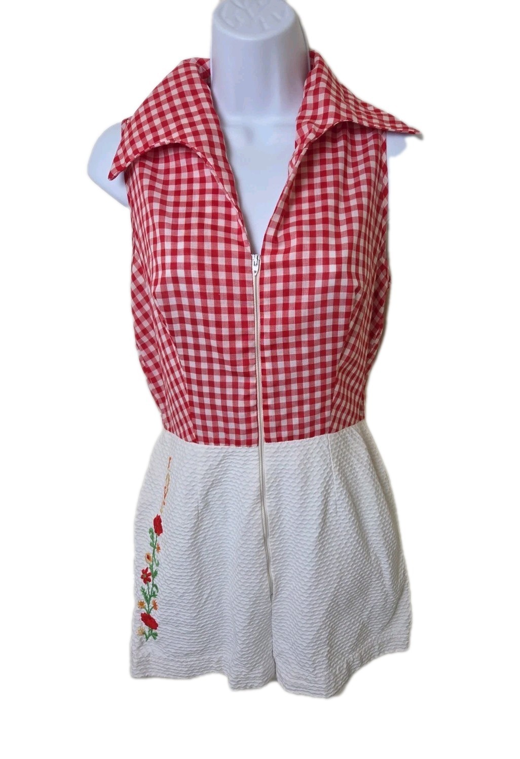 Vintage Gingham Playsuit Romper Embroidered Flowers LOVE Pique Open Back Size S?