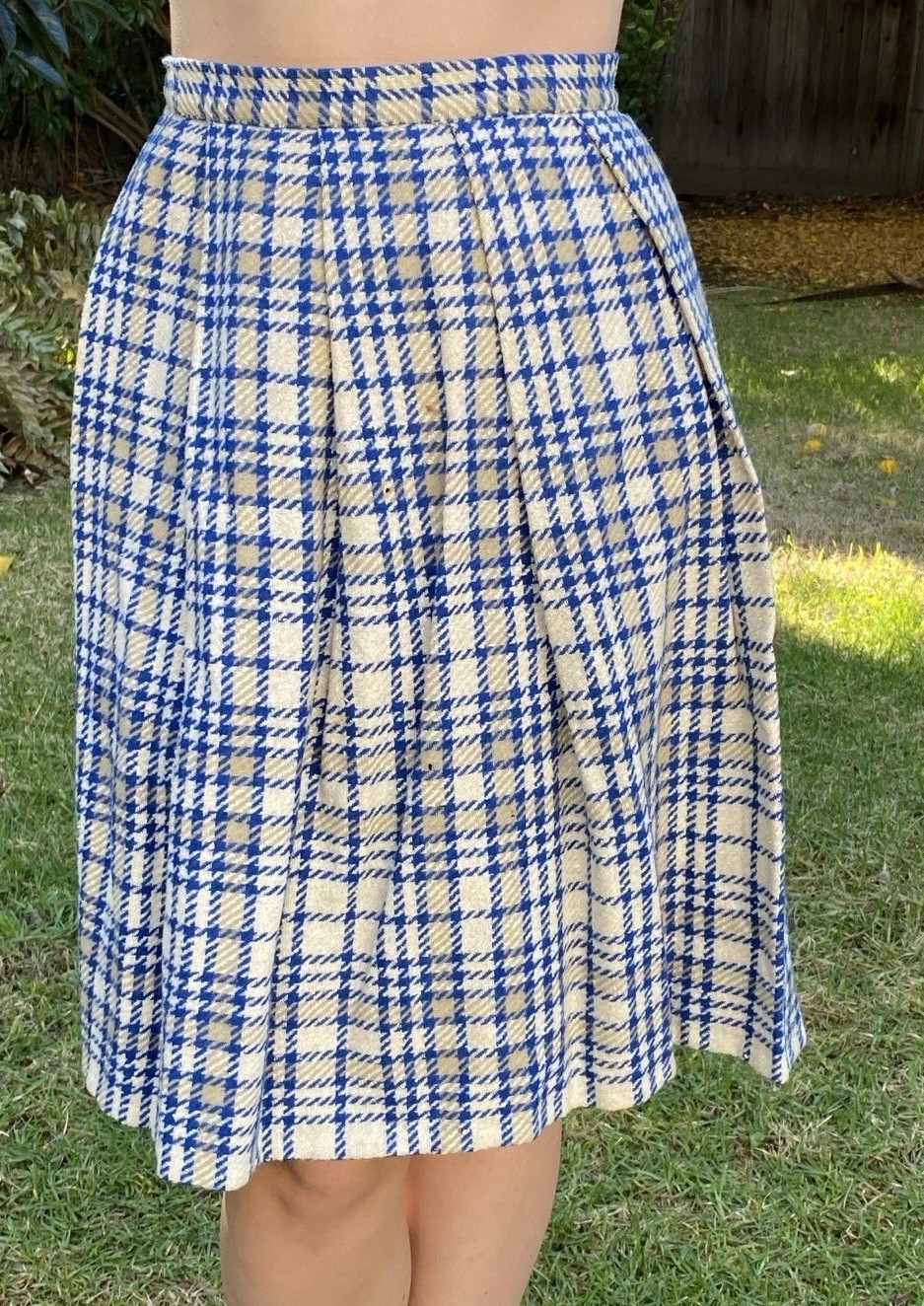 Vintage Handmade 50s S 100% Wool Pleated Full Skirt Blue Ivory Plaid