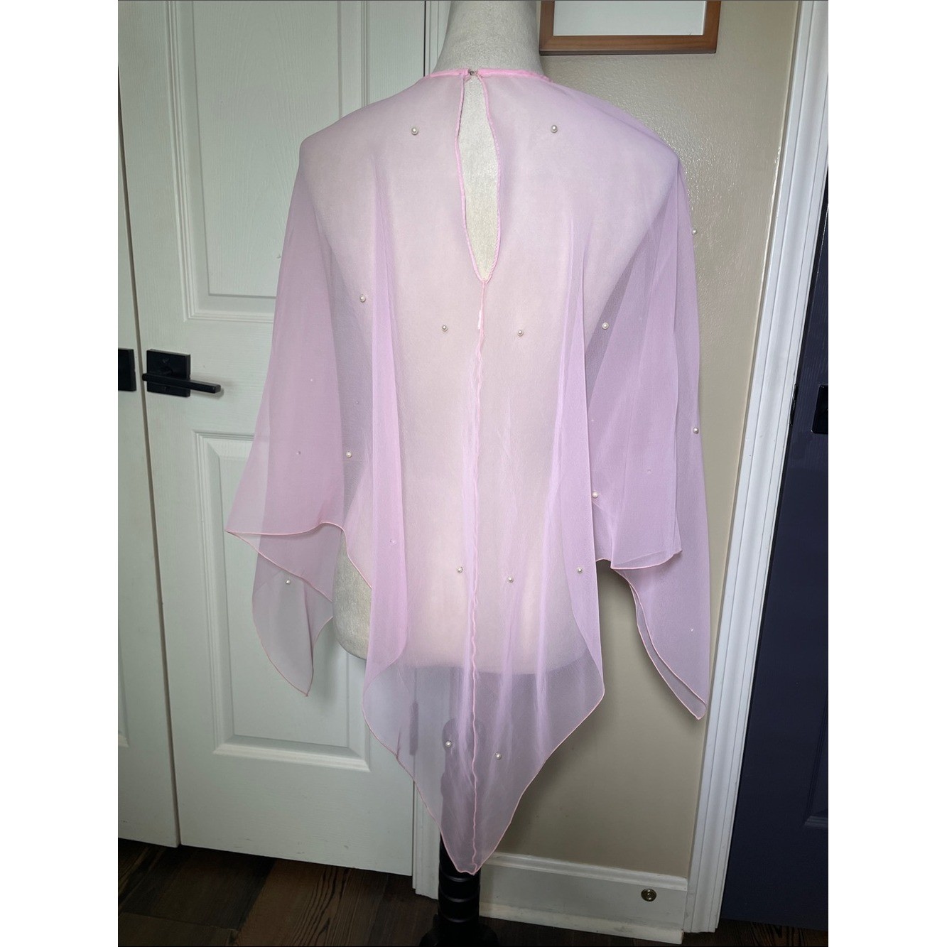 Vintage Pastel Pink Mesh Dress Topper with Pearls Cape Poncho Sheer Embellished