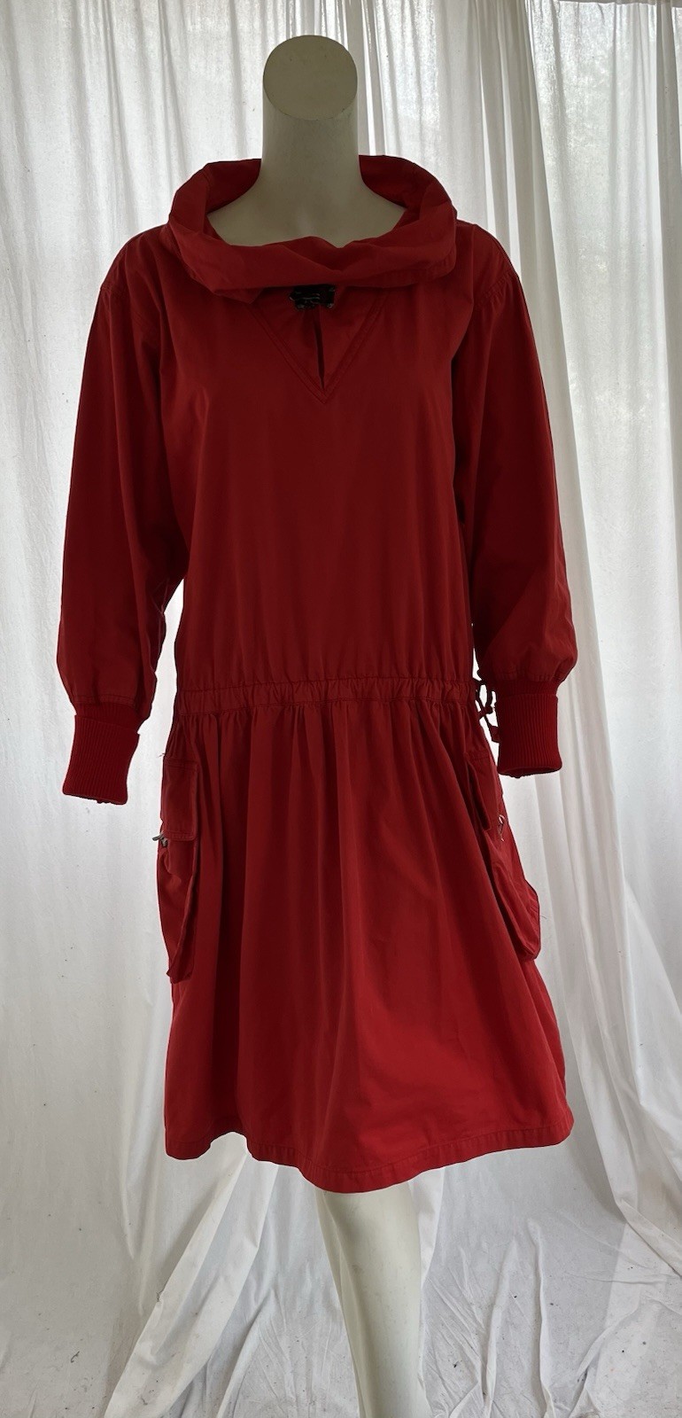 Vintage Issey Miyake Sport Red Cotton Patch Pocket Cowl Neck Dress