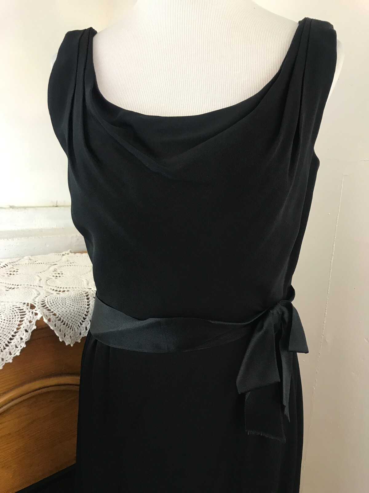 Vintage Ceil Chapman For Miss Winston Black Silk Cocktail Dress W/Satin Bow ~ M
