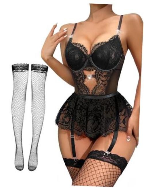Sexy Stocking Rhinestones Heart Garter Underwire Floral XX-Large Floral Black