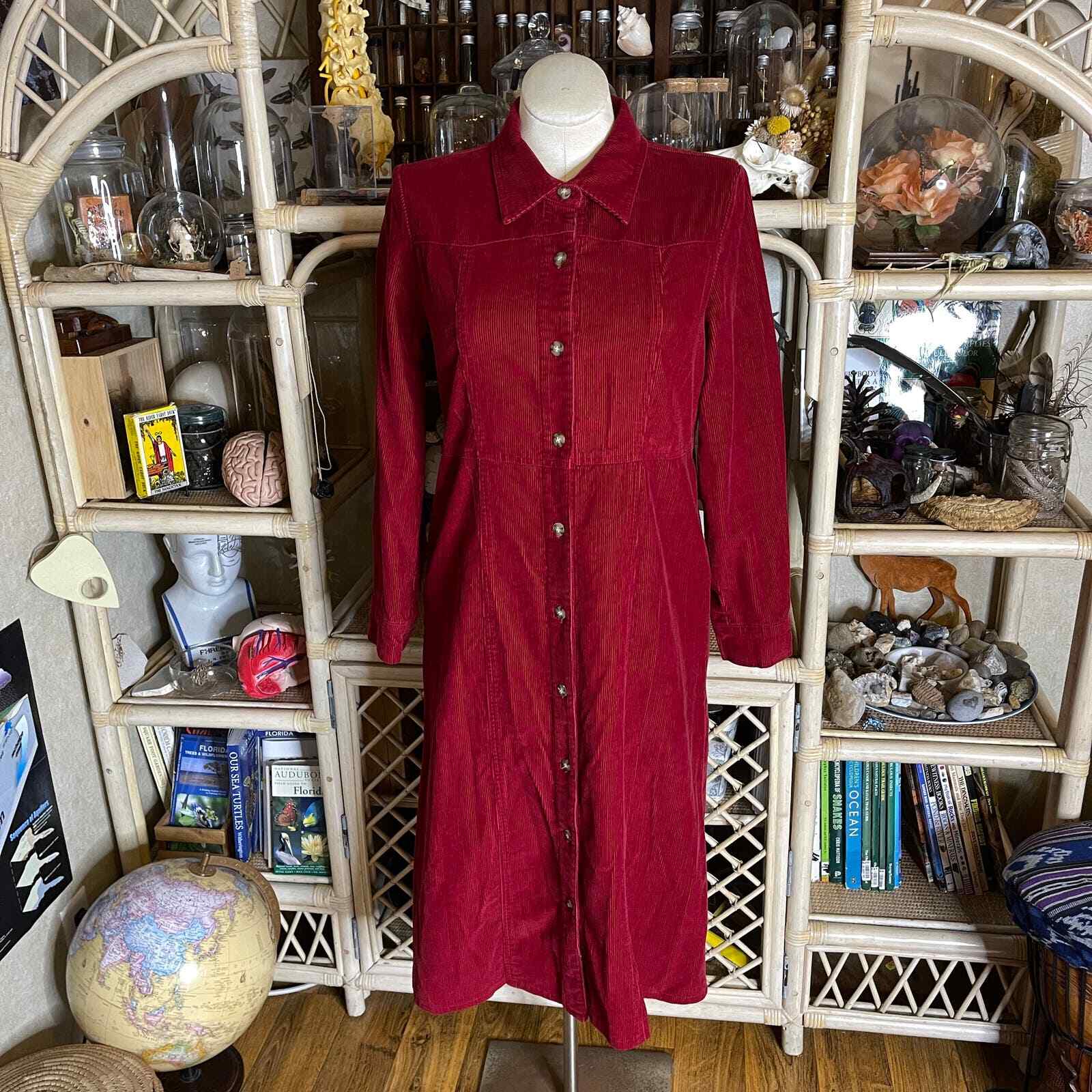 Vintage 90s Red Corduroy Dress Long Sleeves Button Front Midi Chelsea Studio 14P