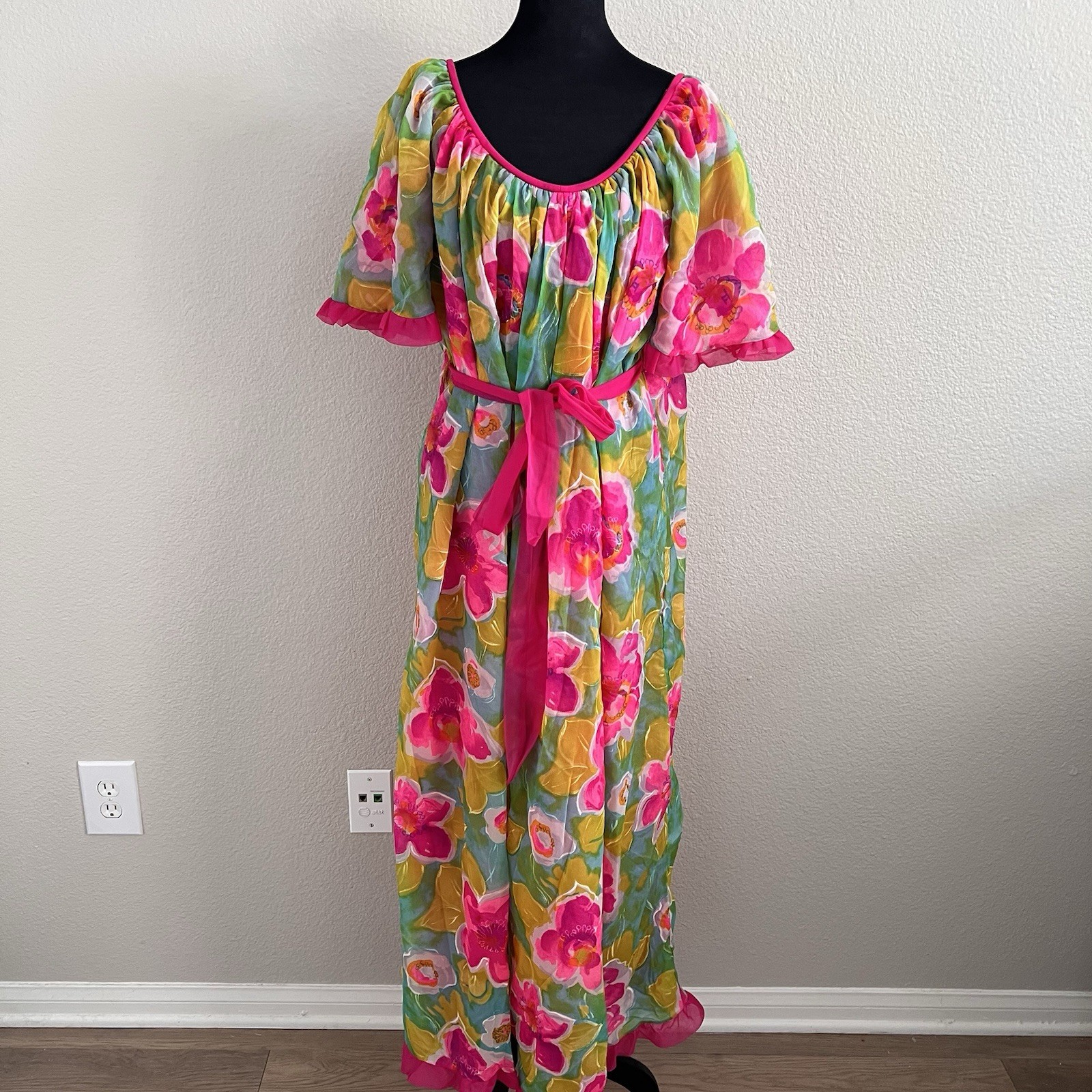 Vintage Jenelle of California Gown Belted Ruffles Floral Lined Colorful Nylon